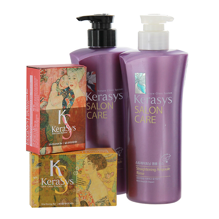KeraSys Подарочный набор для волос Salon Care. Выпрямление: шампунь, кондиционер, мыло, 2 шт895320Н KeraSys Подарочный набор для волос Salon Care. Выпрямление: шампунь, кондиционер, мыло, 2 шт895320НПодарочный набор KeraSys Salon Care. Выпрямление состоит из шампуня, кондиционера для волос и двух мыл. К набору прилагается подарочный пакет с двумя ручками.Шампунь KeraSys Salon Care с трехфазной системой восстановления предназначен для вьющихся волос. Компонент природного протеина, содержащегося в экстракте моринги, аминокислоты экстракта фиалки и технология ампульной терапии успокаивает и выпрямляет вьющиеся волосы. Трехфазная система восстановления:Природный протеин, содержащийся в экстракте плодов моринги, укрепляет и оздоравливает структуру поврежденных волос.Компонент аминокислот, содержащийся в экстракте цветка фиалки, придает мягкость волосам.Компонент природного кератина, полифенол, компонент красного вина и кристаллический компонент делают волосы здоровыми.Кондиционер для волос Kerasys Salon Care с трехфазной системой восстановления предназначен для вьющихся волос. Компонент природного протеина, содержащегося в экстракте моринги, аминокислоты экстракта фиалки и технология ампульной терапии успокаивает и выпрямляет вьющиеся волосы. Мыло Vital Energyсодержит в своем составе экстракты альпийских трав и коэнзим Q10, которые успокаивают и подтягивают вашу кожу, что делает ее более здоровой и красивой. Мыло обладает ароматом розы и спелых фруктов, надолго придающим ощущение нежности вашей коже.Мыло Silk Moistureсодержит в своем составе экстракты альпийских трав и минеральное масло, которые успокаивают и увлажняют вашу кожу, что делает ее более здоровой и красивой. Мыло обладает персиковым ароматом, надолго придающим ощущение блаженства вашей коже. Характеристики:Объем шампуня: 470 мл. Объем кондиционера: 470 мл. Вес мыла: 2 х 100 г. Товар сертифицирован.
