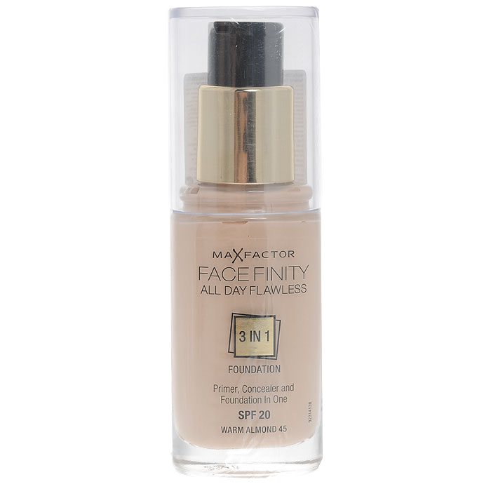 Max Factor Тональная основа 3в1, SPF 20 Facefinity All Day Flawless, тон №45 (warm almond), 30 мл5010777142037 Max Factor Тональная основа 3в1, SPF 20 Facefinity All Day Flawless, тон №45 (warm almond), 30 мл5010777142037Max Factor Facefinity All Day Flawless - тональная основа, которая заменит 3 средства одновременно: основу под макияж, корректор и безупречное тональное покрытие, обладает защитой SPF 20. Сочетание этих трех средств дает возможность создать идеальный макияж на весь день! Совершенное средство обеспечит матовость кожи, идеальный тон - что придает вам уверенность на весь день! Если ваша кожа обладает комбинированными свойствами - и сухая и жирная одновременно, то тональная основа будет вашим незаменимым средством и станет настоящей палочкой-выручалочкой для подчеркивания сияния вашей кожи. В основе сияющей и идеально ровной кожи лежит флекси-удерживающая технология, которая создает крепкую, но легкую текстуру, совсем не ощутимую на коже. Далее, микро-корректирующие частички в формуле защищают от внутренних факторов, таких как пот и подкожное сало, корректируя и поддерживая внешний вид кожи в течение долгого времени и предотвращая блеск. Формула основы с защитой от УФ лучей SPF 20, обеспечивает матовый эффект, благодаря частицам, впитывающим излишние жиры. Характеристики:Объем: 30 мл. Тон: №45 (теплый миндаль). Производитель: Ирландия. Товар сертифицирован.