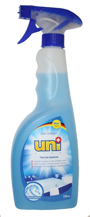 Чистящее средство UniPlus Чистая ванна. Морская свежесть, 750 мл68/5/3 Чистящее средство UniPlus Чистая ванна. Морская свежесть, 750 мл68/5/3Чистящее средство для ванных комнат UniPlus незаменимо для чистки и ухода за эмалированными и акриловыми ванными, раковинами, кафелем, душевыми кабинами и т.д. При разбрызгивании на поверхности образуется активная чистящая пена, устраняющая грязь, жир, остатки мыла, известковые и другие загрязнения. Пригодно дпя чистки чувствительных материалов, в том числе изделий из акрила. Средство чистит основательно и быстро, придает поверхностям безукоризненный блеск, аккуратный вид и свежесть. Характеристики: Объем: 750 мл. Размер упаковки: 28 см х 12 см х 6 см.