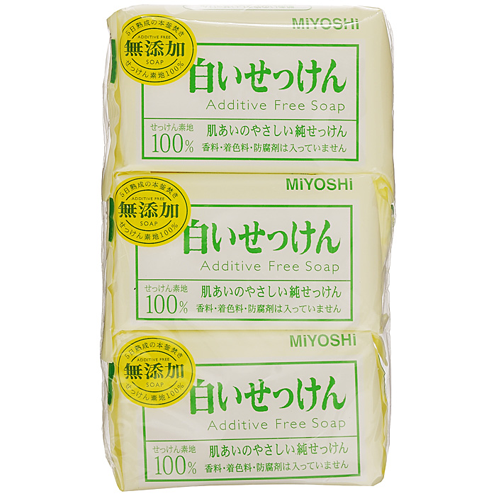Miyoshi Туалетное мыло, на основе натуральных компонентов, 3х108 г1539 Miyoshi Туалетное мыло, на основе натуральных компонентов, 3х108 г1539Туалетное мыло с натуральными маслами и жирами изготовлено по традиционному способу мыловарения (после 4 дней с начала процесса омыления жира масса затвердевает, режется на куски, после чего мыло готово к использованию). При использовании образуется обильная пена, которая легко снимает загрязнения, не стягивая кожу. Рекомендуется для людей с чувствительной кожей. Не содержит ароматизаторов, красителей, консервантов. Характеристики:Вес: 3 х 108 г. Артикул: 1539. Производитель: Япония. Товар сертифицирован.