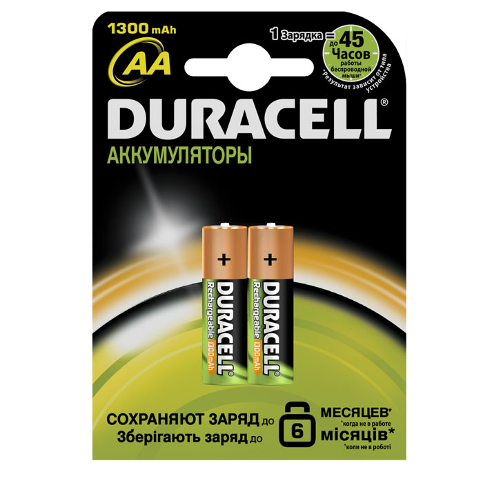 Набор аккумуляторов Duracell, AA NiMH 1300 mAh, 2 шт1659 Набор аккумуляторов Duracell, AA NiMH 1300 mAh, 2 шт1659Никель-металлгидридные аккумуляторы Duracell - идеальное решение для цифровых приборов с высоким потреблением энергии. Их основное преимущество перед другими типами аккумуляторов заключается в более продолжительном времени работы в течение одного цикла зарядки. Используя такой аккумулятор, можно не беспокоиться, что фотоаппарат разрядится или МРЗ-плеер выключится в самый неподходящий момент.Никель-металлгидридные аккумуляторы практически избавлены от эффекта памяти. Аккумулятор можно заряжать не полностью разряженный, если он не хранился больше нескольких дней в таком состоянии. Если аккумулятор был частично разряжен, а затем не использовался более 30 дней, то перед зарядкой его необходимо полностью разрядить.