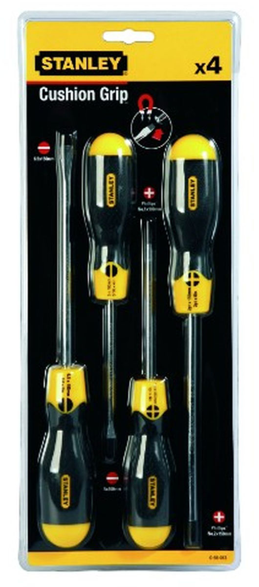 Набор отверток Stanley CushionGrip, 4 шт98293777 Набор отверток Stanley CushionGrip, 4 шт98293777Набор отверток Stanley CushionGrip предназначен для монтажа/демонтажа различных резьбовых соединений. Большие удобные рукоятки отверток обеспечивают большой момент и максимальный комфорт при работе. Цветовая маркировка рукояток помогает правильно идентифицировать тип отвертки под соответствующий шлиц. Дробеструйная обработка помогает защитить жало от коррозии и прикладывать бoльший момент. Стержни отверток изготовлены из хромованадиевой стали для высокой прочности и уменьшения вероятности сколов. В состав набора входят:Шлицевые отвертки: 6,5 х 200 мм, 5 х 100 мм.Крестовые отвертки: PH1 х 100 мм, PH2 х 150 мм. Характеристики: Материал: пластик, резина, сталь. Размер 1 отвертки: 15 см х 3,5 см х 3,5 см, длина ручки: 11,5 см. Размер 2 отвертки: 15 см х 3,5 см х 3,5 см, длина ручки: 11,5 см.. Размер 3 отвертки: 10 см х 3 см х 3 см, длина ручки: 10,5 см. Размер 4 отвертки: 10 см х 3 см х 3 см, длина ручки: 10,5 см. Размеры упаковки: 35 см х 14 см х 3,5 см.
