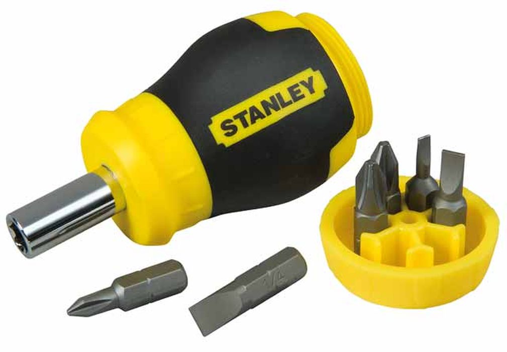 Отвертка Stanley Stubby Multibi +6 бит98298130 Отвертка Stanley Stubby Multibi +6 бит98298130Отвертка реверсивная с битами Stanley предназначена для монтажа/демонтажа резьбовых соединений с применением значительных усилий. Рукоятка, выполненная из двух материалов, с текстурой, для обеспечения максимального крутящего момента и комфорта пользователя. Имеет магнитный наконечник.В состав набора входятОтвертка для бит.Биты шлицевые: 4,5 мм, 6 мм.Биты крестовые: PH1, PH2, PZ1, PZ2. Характеристики: Материал: пластик, металл. Длина отвертки: 2 см. Длина ручки: 9 см. Размеры упаковки:16 см х 9 см х 4 см.
