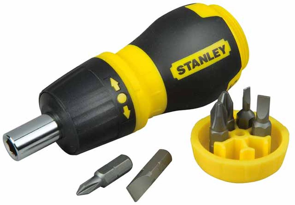 Отвертка Stanley Stubby Multibi, реверсивная +6 бит98293777 Отвертка Stanley Stubby Multibi, реверсивная +6 бит98293777Отвертка реверсивная с битами Stanley предназначена для монтажа/демонтажа резьбовых соединений с применением значительных усилий. Рукоятка, выполненная из двух материалов, с текстурой, для обеспечения максимального крутящего момента и комфорта пользователя. Имеет реверс и магнитный наконечник.В состав набора входятОтвертка для бит.Биты шлицевые: 4,5 мм, 6 мм.Биты крестовые: PH1, PH2, PZ1, PZ2. Характеристики: Материал: пластик, металл. Длина отвертки: 2 см. Длина ручки: 9 см. Размеры упаковки:19 см х 10 см х 4 см.