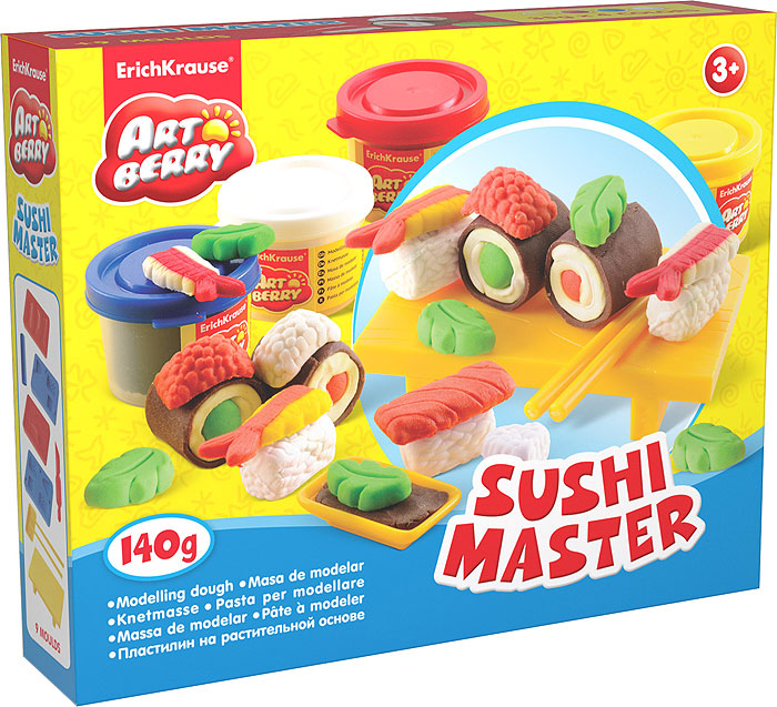 Набор для лепки (на растительной основе) Sushi Master, 4 цвета72523WD Набор для лепки (на растительной основе) Sushi Master, 4 цвета72523WDПластилин на растительной основе Sushi Master - увлекательная игрушка, развивающая у ребенка мелкую моторику рук, воображение и творческое мышление. Пластилин легко разминается, не липнет к рукам и рабочей поверхности, не пачкает одежду. Цвета смешиваются между собой, образуя новые оттенки. Пластилин застывает на открытом воздухе через 24 часа. Набор содержит пластилин 4 цветов (синего, белого, желтого, красного), 4 формы-трафарета, столик для пластилиновых суши, 2 палочки, подсоусник, валик, стек. Пластилин каждого цвета хранится в отдельной пластиковой баночке. С пластилином на растительной основе Sushi Master ваш ребенок будет часами занят игрой. Характеристики:Общий вес пластилина: 140 г. Средний размер форм-трафаретов: 7,5 см x 5 см x 1 см. Размер столика: 10 см x 6 см x 2,5 см. Длина палочек: 9,5 см. Длина стека: 11,5 см. Длина валика: 9 см. Размер подсоусника: 4,5 см x 2,5 см x 1 см. Размер упаковки: 24 см x 18 см x 4,5 см. Изготовитель: Россия.
