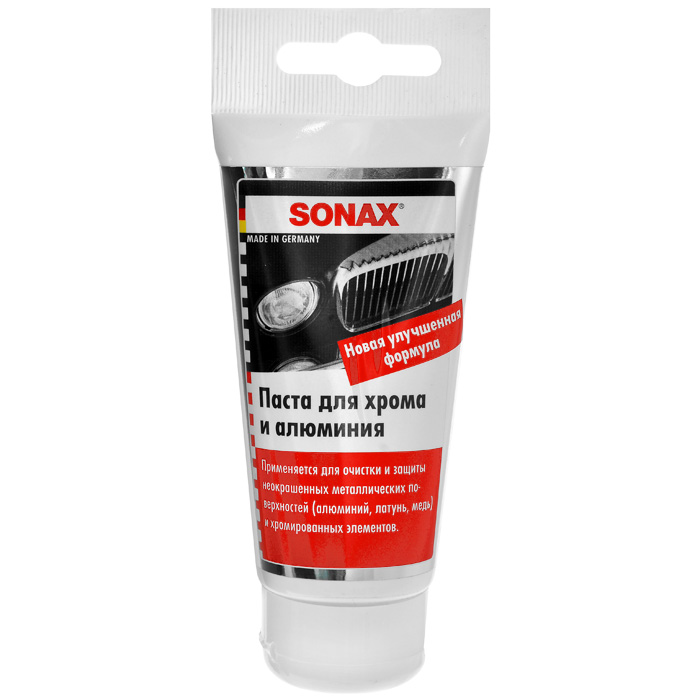 Паста Sonax для хрома и алюминия, 75 мл391602 Паста Sonax для хрома и алюминия, 75 мл391602Паста Sonax применяется для очистки и защиты неокрашенных металлических поверхностей (алюминий, латунь, медь) и хромированных элементов. Содержит мелкие абразивные частицы, которые удаляют налет коррозии и придают блеск поверхностям. Оставляет защитный слой. Предотвращает появление ржавчины.Не наносить на металлические поверхности, покрытые лаком. Беречь от воздействия минусовых температур. Характеристики: Объем: 75 мл. Артикул: 308000.