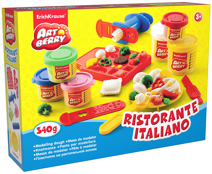 Набор дя лепки (на растительной основе) Ristorante Italiano, 6 цветов72523WD Набор дя лепки (на растительной основе) Ristorante Italiano, 6 цветов72523WDПластилин на растительной основе Ristorante Italiano - увлекательная игрушка, развивающая у ребенка мелкую моторику рук, воображение и творческое мышление. Пластилин легко разминается, не липнет к рукам и рабочей поверхности, не пачкает одежду. Цвета смешиваются между собой, образуя новые оттенки. Пластилин застывает на открытом воздухе через 24 часа. Набор содержит пластилин 6 цветов (зеленого, красного, розового, синего, желтого, белого), объемную форму-трафарет, 2 плоских формы-трафарета, 2 3D формочки, пресс для создания пластилинового спагетти, вилочку, тарелочку, валик, стек. Пластилин каждого цвета хранится в отдельной пластиковой баночке. С пластилином на растительной основе Ristorante Italiano ваш ребенок будет часами занят игрой. Характеристики:Общий вес пластилина: 340 г. Размер объемной формы-трафарета: 12,5 см x 10 см x 1,5 см. Средний размер плоских форм-трафаретов: 10,5 см x 3 см. Средний размер 3D формочек: 5,5 см x 4,5 см x 1,5 см. Длина стека: 11,5 см. Длина валика: 9 см. Длина пресса: 7,5 см. Диаметр тарелочки: 10 см. Длина вилочки: 10 см. Размер упаковки: 27,5 см x 21,5 см x 7 см. Изготовитель: Россия.