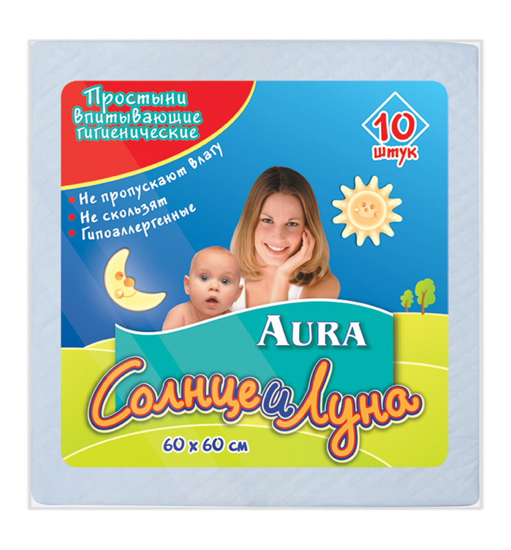 Простыни впитывающие гигиенические Aura Солнце и Луна, 60 см х 60 см, 10 штMP59.4D Простыни впитывающие гигиенические Aura Солнце и Луна, 60 см х 60 см, 10 штMP59.4DВпитывающие гигиенические простыни Aura Солнце и Луна предназначены для дополнительной защиты постельного белья при уходе за детьми. Поверхность из мягкого нетканого материала не раздражает кожу. Специальная пробивка и внутренний слой из распушенной целлюлозы обеспечивают быстрое впитывание и распределение влаги. Внутренний слой простыни представляет собой нескользящую защитную пленку, препятствующую протеканию. Края простыни надежно скреплены для лучшей защиты. Простыни удобны во время смены подгузника. В комплект входят 10 одноразовых простыней. Характеристики:Материал: распушенная целлюлоза, нетканный материал, полиэтилен, медицинская бумага. Размер простыни: 60 см x 60 см.