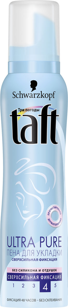 Taft Пена Ultra Pure, для укладки, сверхсильная фиксация, 150 млMP59.3D Taft Пена Ultra Pure, для укладки, сверхсильная фиксация, 150 млMP59.3DПена Taft Ultra Pure на 40% более легкая формула.Без силикона и отдушек, не утяжеляет волосы - протестировано дерматологами. Инновационные полимеры Ultra Pure предлагают сверхсильную фиксацию, которые не причиняет дискомфорта и обеспечивают естественную укладку без склеивания. Не оставляет налета на волосах. Легко удаляется при расчесывании. Характеристики:Объем: 150 мл. Артикул: 1707263. Производитель: Россия. Товар сертифицирован.