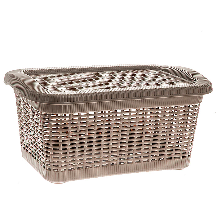 Корзина Rattan с крышкой, цвет: темно-бежевый, 40 лS03301004 Корзина Rattan с крышкой, цвет: темно-бежевый, 40 лS03301004Прямоугольная корзина Rattan изготовлена из прочного пластика темно-бежевого цвета. Она предназначена для хранения мелочей в ванной, на кухне, даче или гараже. Позволяет хранить мелкие вещи, исключая возможность их потери. Корзина с отверстиями на стенках и крышке в виде плетения и со сплошным дном. Корзина имеет плотно закрывающуюся съемную крышку. Сбоку имеются две ручки для удобной переноски. Характеристики:Материал: пластик. Цвет: темно-бежевый. Объем корзины:40 л. Размер корзины (Ш х Д х В):59 см х 40 см х 29 см. Артикул: 2169.