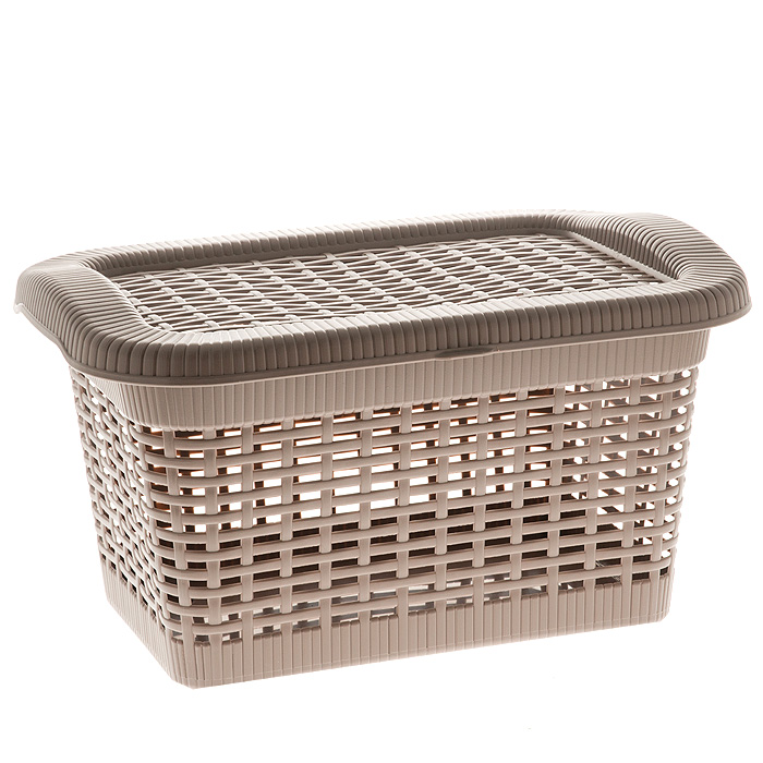 Корзина Rattan с закрепленной крышкой, цвет: темно-бежевый, 40 лBH-UN0502( R) Корзина Rattan с закрепленной крышкой, цвет: темно-бежевый, 40 лBH-UN0502( R)Прямоугольная корзина Rattan изготовлена из прочного пластика темно-бежевого цвета. Она предназначена для хранения мелочей в ванной, на кухне, даче или гараже. Позволяет хранить мелкие вещи, исключая возможность их потери. Корзина с отверстиями на стенках и крышке в виде плетения и со сплошным дном. Корзина имеет плотно закрывающуюся закрепленную крышку. Сбоку имеются две ручки для удобной переноски. Характеристики:Материал: пластик. Цвет: темно-бежевый. Объем корзины:40 л. Размер корзины (Ш х Д х В):59 см х 40 см х 29 см. Артикул: 2170.