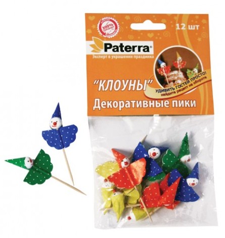 Пики для канапе Paterra Клоуны, 12 шт. 401-766VT-5051(BK) Пики для канапе Paterra Клоуны, 12 шт. 401-766VT-5051(BK)Декоративные пики Paterra Клоуны помогут вам создать оригинальные канапе и бутерброды из самых простых продуктов, сделают десерт аппетитнее, а напиток вкуснее. Набор состоит из 12 деревянных шпажек, декорированных забавными бумажными фигурками клоунов. Представьте, насколько ярким и красивым станет ваш праздничный стол, и как будут приятно удивлены гости мастерством хозяйки. Украшая такими пиками детские блюда, вам легко и быстро удастся превратить полезные блюда в супервкусные. Станьте оригинальной хозяйкой с пиками Paterra! Характеристики: Материал: дерево, бумага, пенопласт.Длина пики (без декоративной части): 4 см.Комплектация: 12 шт.Размер упаковки: 11 см х 14 см х 1 см. Артикул: 401-766.