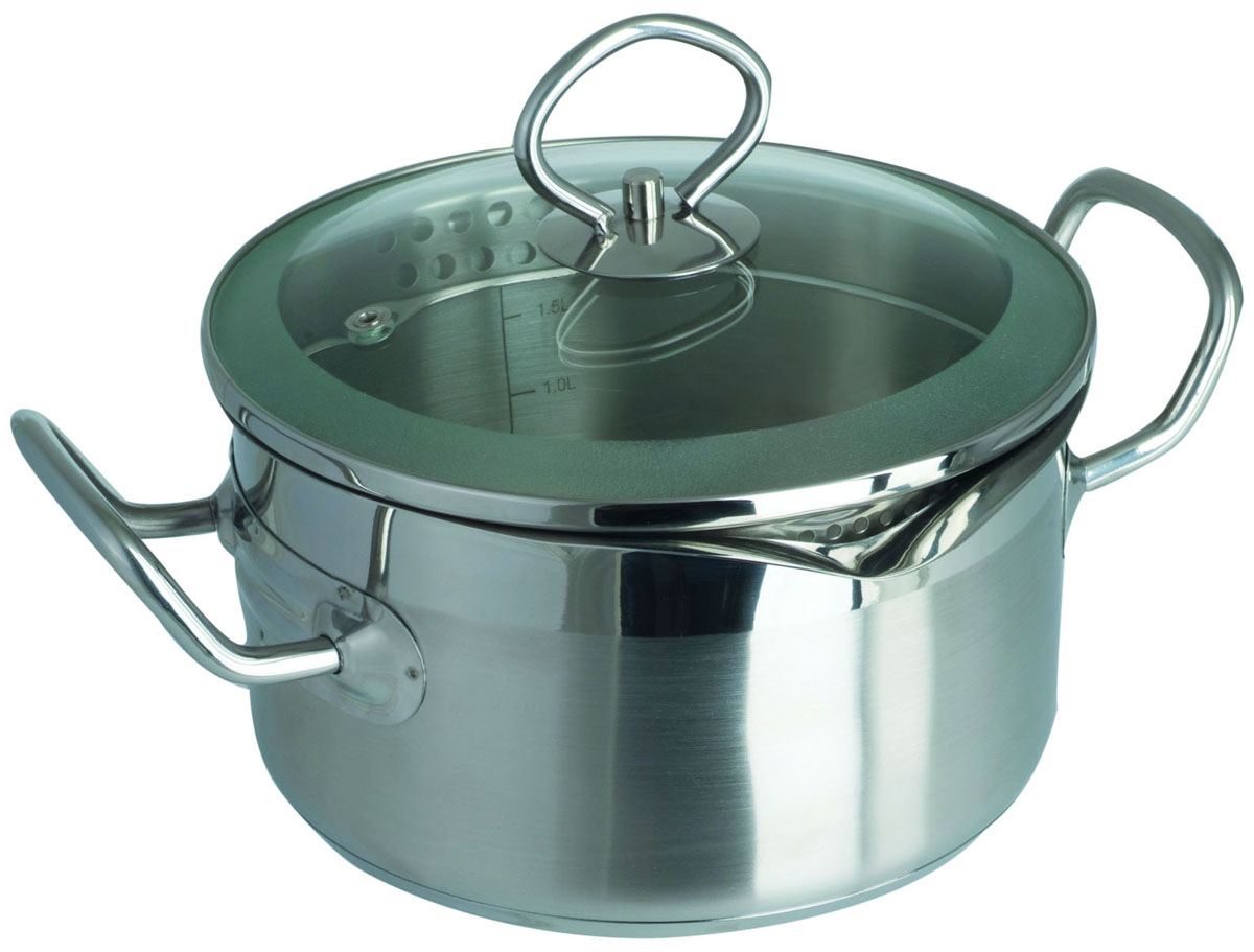 Кастрюля Pasta Vitro, с крышкой, 1,8 л54 009312 Кастрюля Pasta Vitro, с крышкой, 1,8 л54 009312Кастрюля Pasta Vitro выполнена из высококачественной нержавеющей стали с комбинированным полированием. Крышка, изготовленная из термостойкого стекла, снабжена металлическим ободком для прочности и более плотного закрывания, а также отверстием для выпуска пара. Металлический ободок на крышке кастрюли также имеет специальные отверстия, позволяющие сливать воду, не снимая крышку. Нужно всего лишь совместить отверстия с носиком посуды. Это удобно при варке картофеля, пельменей, макаронных изделий и многого другого.В кастрюле Pasta Vitro, изготовленной из экологически чистого материала, можно готовить без масла или жира, в этой посуде сохраняются все полезные свойства продуктов и естественные вкусовые качества. Оптимальное соотношение толщины дна и стенок посуды обеспечивает равномерное распределение тепла, экономит энергию, делает посуду устойчивой к деформации. Многослойное капсулированное дно аккумулирует тепло, способствует быстрому закипанию и приготовлению пищи даже при небольшой мощности конфорок. Крепление ручек посуды к корпусу методом точечной сварки обеспечивает минимальный нагрев, прочность и надежность. Внутренняя стенка кастрюли снабжена отметками литража.Кастрюля Pasta Vitro подходит для всех видов кухонных плит, включая индукционные. Можно мыть в посудомоечной машине.Кастрюля Pasta Vitro функциональна, гигиенична и эргономична, а благодаря оригинальному дизайну она станет украшением любой кухни. Характеристики:Материал: нержавеющая сталь, стекло.Объем: 1,8 л.Внутренний диаметр: 16 см.Высота стенок: 9 см.Толщина стенок: 0,6 мм.Толщина дна: 3,7 мм.Артикул: 93-PSv-02.УВАЖАЕМЫЕ КЛИЕНТЫ!Обращаем ваше внимание на тот факт, что объем кастрюли указан максимальный, с учетом полного наполнения до кромки. Шкала на внутренней стенке кастрюли имеет меньший литраж.