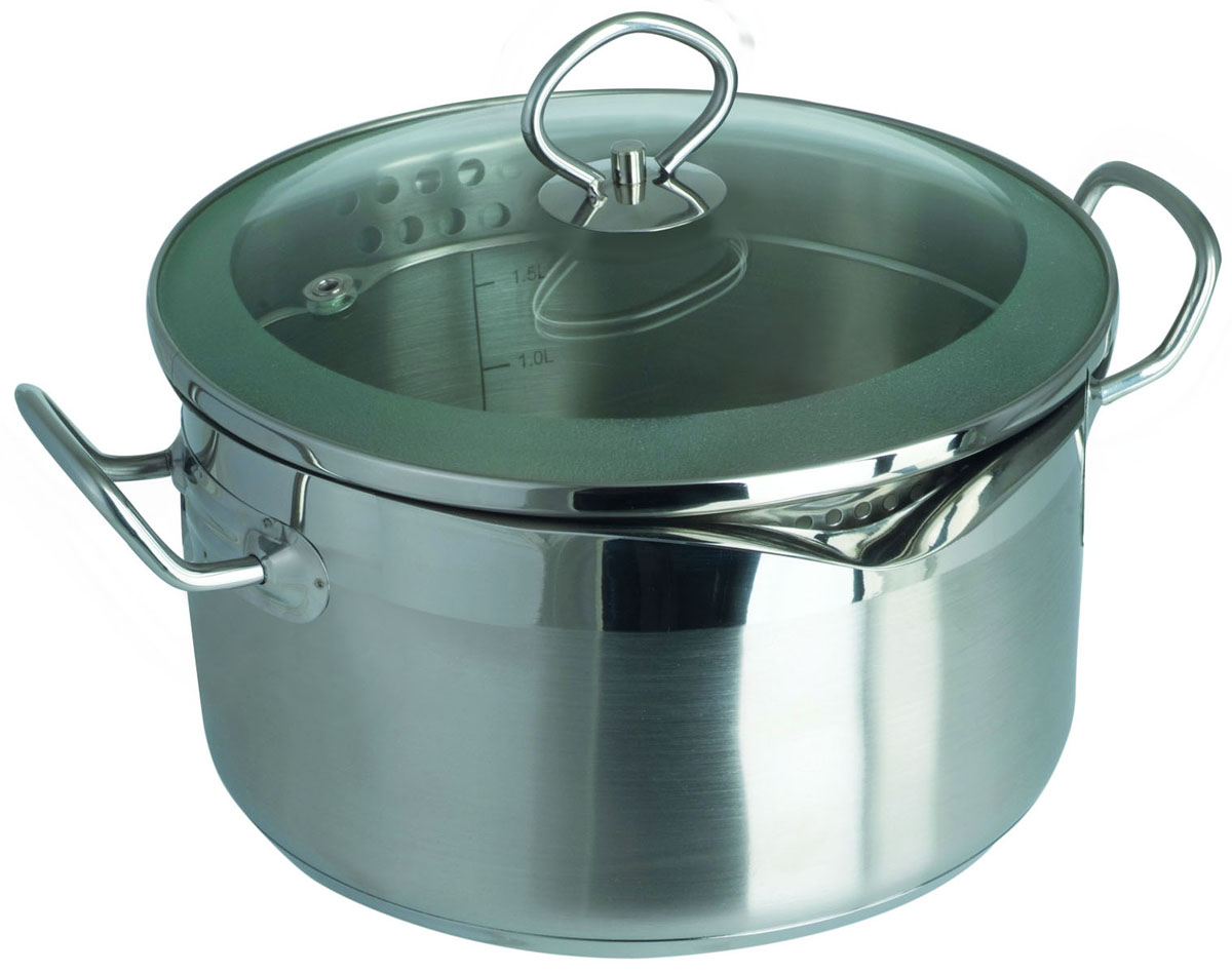 Кастрюля Pasta Vitro, с крышкой, 5,9 л54 009312 Кастрюля Pasta Vitro, с крышкой, 5,9 л54 009312Кастрюля Pasta Vitro выполнена из высококачественной нержавеющей стали с комбинированным полированием. Крышка, изготовленная из термостойкого стекла, снабжена металлическим ободком для прочности и более плотного закрывания, а также отверстием для выпуска пара. Металлический ободок на крышке кастрюли также имеет специальные отверстия, позволяющие сливать воду, не снимая крышку. Нужно всего лишь совместить отверстия с носиком посуды. Это удобно при варке картофеля, пельменей, макаронных изделий и многого другого.В кастрюле Pasta Vitro, изготовленной из экологически чистого материала, можно готовить без масла или жира, в этой посуде сохраняются все полезные свойства продуктов и естественные вкусовые качества. Оптимальное соотношение толщины дна и стенок посуды обеспечивает равномерное распределение тепла, экономит энергию, делает посуду устойчивой к деформации. Многослойное капсулированное дно аккумулирует тепло, способствует быстрому закипанию и приготовлению пищи даже при небольшой мощности конфорок. Крепление ручек посуды к корпусу методом точечной сварки обеспечивает минимальный нагрев, прочность и надежность. Внутренняя стенка кастрюли снабжена отметками литража.Pasta Vitro подходит для всех видов кухонных плит, включая индукционные. Можно мыть в посудомоечной машине.Кастрюля Pasta Vitro функциональна, гигиенична и эргономична, а благодаря оригинальному дизайну она станет украшением любой кухни. Характеристики:Материал: нержавеющая сталь, стекло.Объем: 5,9 л.Внутренний диаметр: 24 см.Высота стенок: 13 см.Толщина стенок: 0,6 мм.Толщина дна: 3,7 мм.Артикул: 93-PSv-05.УВАЖАЕМЫЕ КЛИЕНТЫ!Обращаем ваше внимание на тот факт, что объем кастрюли указан максимальный, с учетом полного наполнения до кромки. Шкала на внутренней стенке кастрюли имеет меньший литраж.
