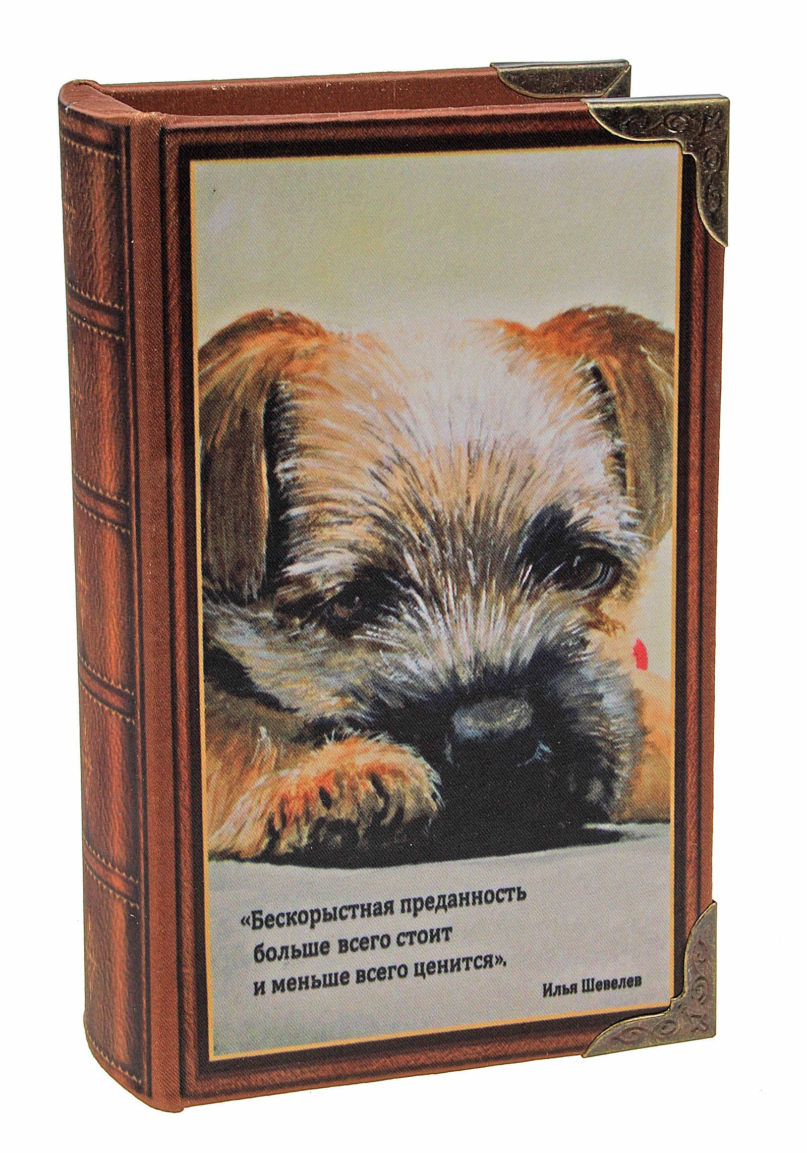 Шкатулка-книга Верность41619 Шкатулка-книга Верность41619Оригинальное оформление шкатулки, несомненно, привлечет внимание. Шкатулка Верность изготовлена в виде книги, поверхность которой выполнена из шёлка и оформлена изображением собачки и надписью Бескорыстная преданность больше всего стоит и меньше всего ценится.Такая шкатулка может использоваться для хранения бижутерии, в качестве украшения интерьера, а также послужит хорошим подарком для человека, ценящего практичные и оригинальные вещи. Характеристики:Материал: дерево, шёлк, металл. Цвет: коричневый. Размер шкатулки (в закрытом виде): 17 см х 11 см х 5 см. Размер упаковки: 18 см х 12 см х 6 см. Артикул: 480428.