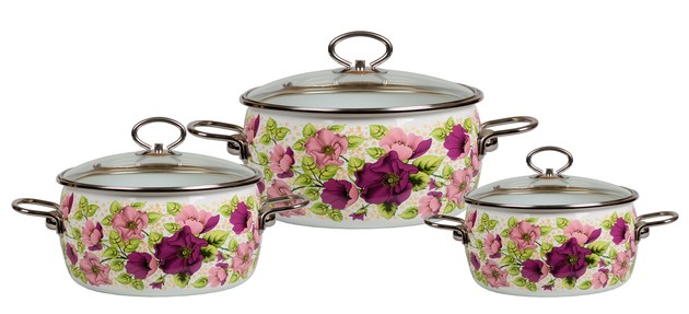 Набор кастрюль Vitross Violeta с крышками: 2 л, 3 л, 4 л, цвет: белый. 1DA135S54 009312 Набор кастрюль Vitross Violeta с крышками: 2 л, 3 л, 4 л, цвет: белый. 1DA135S54 009312Набор Vitross Violeta состоит из 3 кастрюль разного объема, выполненных из нержавеющей стали со стеклокерамическим покрытием - наиболее безопасным видом покрытий посуды. Стеклокерамика инертна и устойчива к пищевым кислотам, не вступает во взаимодействие с продуктами и не искажает их вкусовые качества. Прочный стальной корпус обеспечивает эффективную тепловую обработку и не деформируется в процессе эксплуатации. Такие кастрюли идеальны для тепловой обработки и хранения пищевых продуктов, приготовления холодных блюд и сервировки стола. Внутренняя поверхность изделия - белого цвета. Внешние стенки оформлены цветной деколью с изображением красочных цветочных узоров. Кастрюли имеют принципиально новую фурнитуру: ручки из нержавеющей стали имеют особую форму, что увеличивает безопасность при эксплуатации, стеклянные крышки оснащены металлическим ободом и пароотводом. Подходят для всех типов плит, включая индукционные. Пригодны для мытья в посудомоечной машине. Характеристики: Материал: нержавеющая сталь, эмаль, стекло. Цвет: белый. Комплектация: 3 кастрюли, 3 крышки. Объем: 2 л, 3 л, 4 л. Диаметр кастрюль: 16 см, 20 см, 20 см. Высота стенок: 11,2 см, 10,2 см, 13,2 см. Толщина стенок: 3 мм. Толщина дна: 4 мм. Размер упаковки: 28 см х 23 см х 40 см. Артикул: 1DA135S.