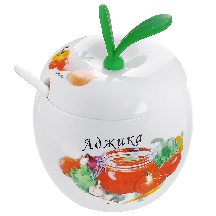 Баночка Аджика, с ложкой, цвет: белый, 9,7 х 9,7 х 7,7 смGL9013-В Баночка Аджика, с ложкой, цвет: белый, 9,7 х 9,7 х 7,7 смGL9013-ВБаночка Аджика, выполненная из высококачественного фарфора, предназначена для приготовления и хранения аджики. К баночке прилагается ложка и крышка с мягкой ручкой из силикона.Фарфор - инертный материал, обладает химической и термической прочностью, не вступает в реакции с пищевыми кислотами. Баночка из фарфора пригодна для использования в холодильнике, микроволновой печи, посудомоечной машине. Баночка декорирована надписью Аджика. Кроме того, для упрощения процесса приготовления прямо на баночке написан рецепт приготовления аджики и перечислены все необходимые продукты. В комплект к баночке прилагается небольшой буклет с рецептами любимых горячих блюд от Шефа.Такая баночка украсит ваш праздничный стол, а оригинальное исполнение понравится любой хозяйке. Характеристики: Материал: фарфор, силикон. Цвет: белый. Общий диаметр баночки: 9,7 см. Высота стенки баночки: 7,7 см. Длина ложки: 13 см. Размер упаковки: 10 см х 10 см х 10,5 см. Артикул: 598-051.