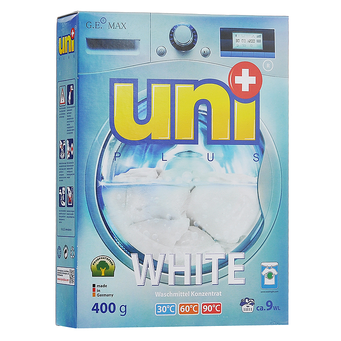 Стиральный порошок UniPlus White для белого белья, концентрированный, 400 г106-026 Стиральный порошок UniPlus White для белого белья, концентрированный, 400 г106-026Концентрированный стиральный порошок UniPlus White специально разработан для стирки белого белья. Он отбеливает без хлора и агрессивных химикатов. Не разрушает структуру тканей. Отбеливает с помощью активных кислородных частиц, разработанных специально для UniPlus.Порошок предназначен для стирки в стиральных машинах любого типа и для ручной стирки. Эффективно отстирывает при температурах от 30°С до 90°С.Не подходит для стирки деликатных тканей и изделий из шерсти, а также темного и цветного белья.В состав входят смягчающие воду вещества, защищающие стиральную машину от образования известкового налета. Характеристики: Вес: 400 г. Размер упаковки: 19,5 см х 14,5 см х 4 см. Артикул: 200032. Товар сертифицирован.