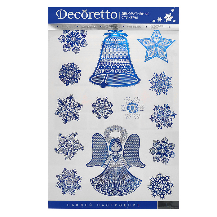 Украшение для стен и предметов интерьера Decoretto Небесный ангелочек. NH 4002SKU-786 Украшение для стен и предметов интерьера Decoretto Небесный ангелочек. NH 4002SKU-786Двусторонние наклейки для интерьера Decoretto Небесный ангелочек изготовлены из экологически безопасной самоклеющейся пленки с водоотталкивающей поверхностью. Украшение состоит из 14 самоклеющихся элементов, представляющих собой ангелочка, колокольчик и снежинки. Это украшение поможет вам разнообразить интерьер вашего дома и проявить индивидуальность. Наклейки Decoretto превратят любой интерьер в новогоднюю сказку. Преимущества украшений Decoretto: быстро и легко наклеиваются на виниловые и флизелиновые обои, плитку, стекла, мебель; при необходимости удобно снимаются, не оставляют следов и не повреждают поверхность (кроме бумажных обоев); специальный слой защищает поверхность от влаги и выгорания.Decoretto - уникальный способ легко и быстро оживить интерьер, добавить в него уют и радость. Для вас открываются безграничные возможности проявить творчество и фантазию, придумать оригинальный дизайн, придать новый вид стенам и мебели. Характеристики:Материал: самоклеящаяся водостойкая пленка. Комплектация: 14 наклеек. Размер наклейки ангелочек: 18 см х 15 см. Размер наклейки колокольчик: 15 см х 13 см. Средний размер наклеек снежинка: 7 см х 7 см. Размер упаковки: 51 см x 34 см х 0,2 см. Артикул: NH 4002. Украшения укомплектованы инструкцией по наклеиванию.