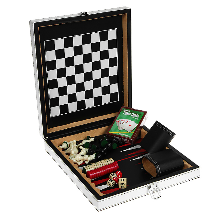 Набор игр 4в1 Premium Edition. MAEG013С798585 Набор игр 4в1 Premium Edition. MAEG013С798585Набор игр 4в1 Premium Edition включает шахматы, шашки, нарды и покер. В наборе имеется колода карт, 32 шахматные фигуры, 30 фишек, 5 игральных костей, 2 чашки для костей и мешочек для фишек. Предметы набора выполнены из высококачественных матеиалов и упакованы в элегантный кейс, обтянутый искусственной кожей белого и черного цвета и оформленный декоративной контрастной стежкой. Закрывается кейс на металлический замок. Внутренняя поверхность - игровое поле для шахмат и шашек и игровое поле для нард.Шахматы, шашки, нарды и покер - это увлекательные игры, которые помогут развить логическое мышление и позволят вам интересно и с пользой провести время. В наборе - подробная инструкция с описанием правил игры. Характеристики: Материал: пластик, текстиль, искусственная кожа, картон. Размер колоды карт: 6,5 см х 9 см х 2 см. Размер стакана для костей: 6 см х 3,5 см х 6 см. Размер мешочка: 6 см х 11 см. Высота шахматной фигуры: 2,5 см - 4 см. Диаметр фишки: 1,8 см. Размер кейса: 23 см х 25 см х 5 см. Артикул: MAEG013С.