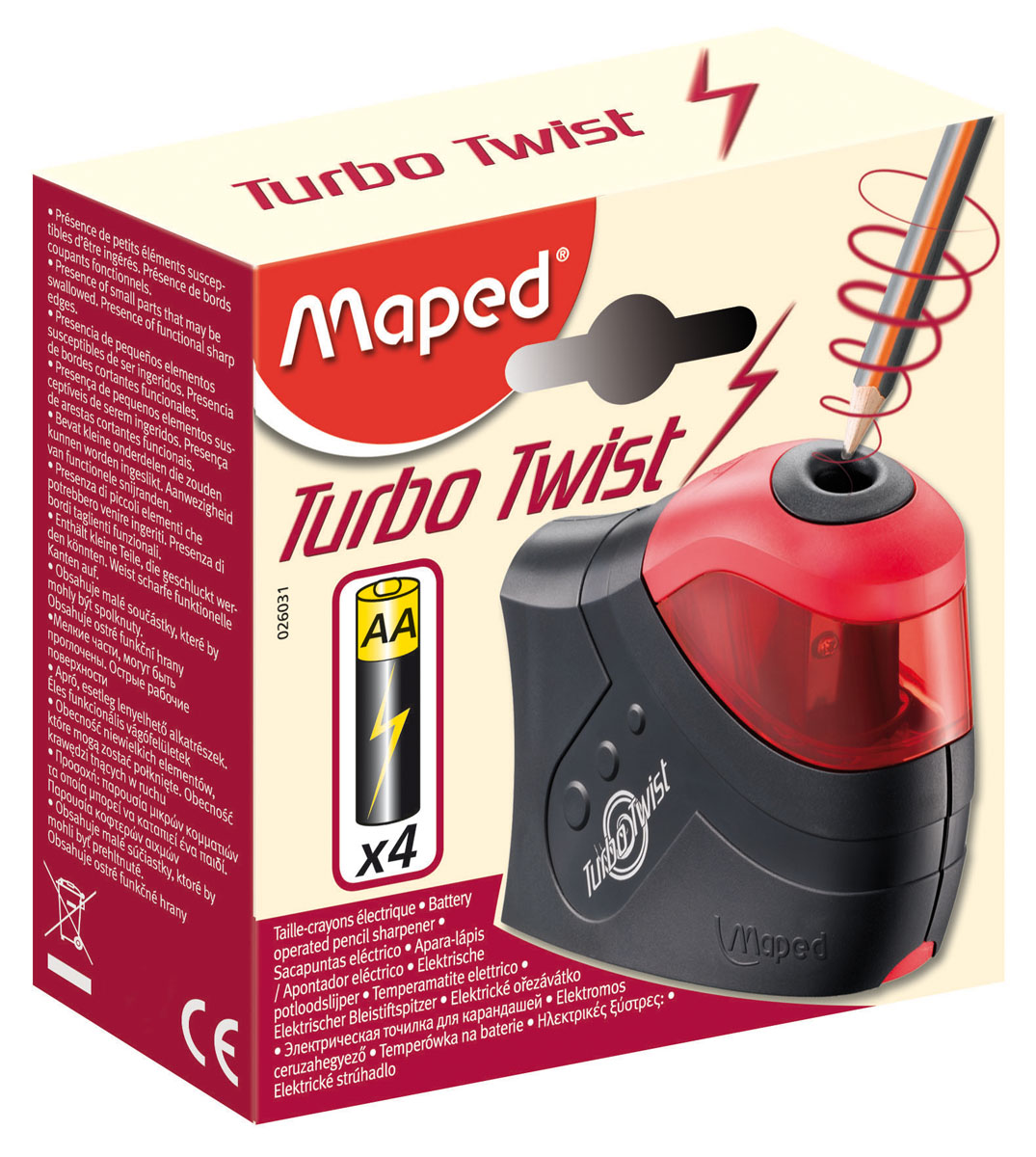 Точилка электрическая Maped Турбо Твист, 1 отверстие, с контейнером026031 Точилка электрическая Maped Турбо Твист, 1 отверстие, с контейнером026031Точилка Maped Турбо Твист электрическая точилка, работающая от 4 батареек АА (LR6). Оснащена специальным контайнером для стружки. Имеет стальное лезвие высокого качества и два запасных(прикручены рядом с основвным изнутри)Может использоваться как обычная ручная точилка - просто выньте краcную часть.Точилка поставляется без батареек. Характеристики:Материал: пластик, сталь. Размер: 10,5 см х 8 см х 3 см. Размер упаковки: 11 см х 11 см х 4 см. Изготовитель: Китай.