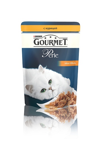 Консервы для кошек Gourmet Perle, мини-филе с курицей, 85 г0120710 Консервы для кошек Gourmet Perle, мини-филе с курицей, 85 г0120710Ваша кошка - настоящий гурман, и порой ей сложно угодить. Корм Gourmet Perle - это изысканное угощение с превосходным вкусом, которым ваша кошка будет наслаждаться каждый день. Ваш гурман оценит нежнейшие кусочки с мясом или рыбой, приготовленные в аппетитном соусе.Корм Gourmet Perle - изысканное угощение на каждый день.Рекомендации по кормлению: Суточная норма: 3-4 пакетика в день для взрослой кошки (средний вес 4 кг), в два приема.Данная суточная норма рассчитана для умеренно активных взрослых кошек, живущих в условиях нормальной температуры окружающей среды. В зависимости от индивидуальных потребностей кошки норма кормления может быть скорректирована для поддержания нормального веса вашей кошки.Подавайте корм комнатной температуры. Следите, чтобы у вашей кошки всегда была чистая, свежая питьевая вода.Условия хранения: Закрытый пакетик хранить в сухом прохладном месте. После открытия продукт хранить в холодильнике максимум 24 часа. Состав: мясо и продукты переработки мяса (в том числе курицы 4%), экстракт растительного белка, рыба и продукты переработки рыбы, минеральные вещества, сахара, красители, витамины.Добавленные вещества: МЕ/кг: витамин A: 800; витамин D3: 120; витамин Е: 18; мг/кг: железо: 9; йод: 0,2; медь: 0,8; марганец: 1,8; цинк: 15.Гарантируемые показатели: влажность 79,0%, белок 14,0%, жир 2,5%, сырая зола 2,2%, сырая клетчатка 0,5%.Вес: 85 г.Товар сертифицирован.