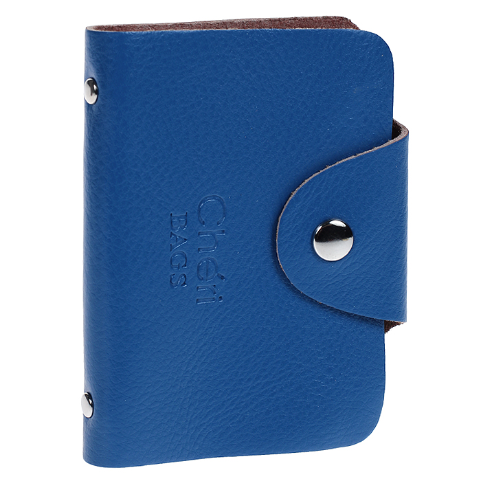 Визитница Cheribags, цвет: синий. V-0489-17993224 Визитница Cheribags, цвет: синий. V-0489-17993224Элегантная визитница Cheribags - стильная вещь для хранения визиток. Визитница выполнена из натуральной кожи, закрывается клапаном на металлическую кнопку. Внутри содержит блок из мягкого пластика, рассчитанный на 26 визиток. Такая визитница станет замечательным подарком человеку, ценящему качественные и практичные вещи.