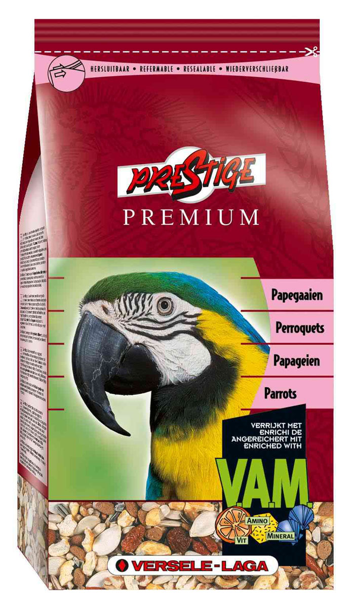 Корм для крупных попугаев Versele-Laga Prestige Parrots Premium, 1 кг0120710 Корм для крупных попугаев Versele-Laga Prestige Parrots Premium, 1 кг0120710Смесь Versele-Laga Prestige Parrots Premium для попугаев это обогащенная зерновая смесь с дополнительными питательными веществами, которые необходимы попугаям. Эта смесь состоит из отобранных семян и дополнительно обогащена витаминами, аминокислотами и минералами, добавляемыми в экструдированные гранулы Maxi ВAM. Кроме этого, вкусные гранулы Maxi ВAM содержат флорастимул, гарантирующий хорошую работу кишечника и превосходную кондицию. Молотый панцирь устриц обеспечивает правильное функционирование мускульного желудка и баланс кальция/фосфора.Versele-Laga поддерживает фонд Loro Parque Fundaci?n в стремлении сохранить вымирающие виды птиц и их среду обитания. Приобретая данную продукцию, вы помогаете фонду Loro Parque Fundaci?n защищать природу.Состав: семена подсолнечника полосатого 13,5%, сафлор 12%, гречиха 9%, рис-сырец 9%, гранулы Maxi ВAM 8%, остроконечный овес 8%, канареечное семя 7%, белые семена подсолнечника 5,5%, семена конопли 4%, семена тыквы очищенные 3%, орехи сосны 3%, желтое просо 3%, кукуруза 2%, дари 2%, красное просо 2%, мелкий зеленый горох 2%, ракушки устриц 2%, шиповник 1%, воздушная кукуруза 1%, воздушная пшеница 1%, красный перец 1%, семена сосны 1%.Анализ состава: белки 14%, жиры 14,6%, клетчатка 16%, зола 5,5%, кальций 0,93%, фосфор 0,36%, витамин А8000 МЕ/кг, витамин D3 1600 МЕ/кг, витамин E 19 мг/кг.Добавки: витамин B1, витамин B2, витамин B6, витамин B12, витамин C, витамин PP, витамин К, биотин, фолиевая кислота, холин, натрий, магний, калий, железо, медь, марганец, цинк, йод, селен.Вес: 1 кг. Товар сертифицирован.
