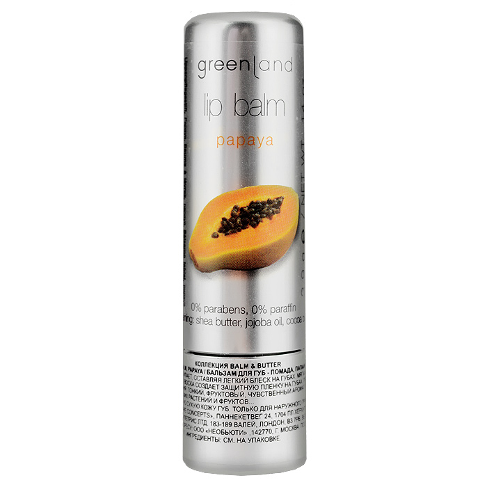 Greenland Бальзам для губ Balm & Butter, с папайей, 3,9 гC4933700 Greenland Бальзам для губ Balm & Butter, с папайей, 3,9 гC4933700Бальзам для губ увлажняет и питает, оставляя легкий блеск на губах. Мягкая обволакивающая текстура на основе пчелиного воска создает защитную пленку на губах, при этом не забивает поры и не вызывает привыкания. Тонкий, фруктовый, чувственный аромат папайи перенесет Вас в тропики - колыбель экзотических растений и фруктов...Способ применения: Наносите на чистую сухую кожу губ. Характеристики:Вес: 3,9 г. Артикул: 0977-BB15. Производитель: Нидерланды. Товар сертифицирован.Состав: клещевина, октилдодеканол, пчелиный воск, канделильский воск, карнаубский воск, масло жожоба, какао масло, этилгексил гидроксистеарат, каприлил/каприк триглицерид, этилгексил палмитат, масло ши, изодецилнеопентаноат, токоферол ацетат, бисаболол, лецитин.