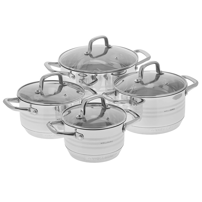 Набор кастрюль Wellberg Weimar с крышками, 4 шт54 009312 Набор кастрюль Wellberg Weimar с крышками, 4 шт54 009312Набор Wellberg Weimar состоит из четырех кастрюль с крышками. Изделия выполнены из высококачественной нержавеющей стали 18/10, что обеспечивает устойчивость к механическим повреждениям, износостойкость, прочность и практичность. Комбинация зеркальной и матовой полировки придает посуде особо эстетичный внешний вид. Идеально ровная внутренняя поверхность значительно облегчает мытье. Энергосберегающее капсульное алюминиевое девятислойное дно быстро и равномерно распределяет тепло. Изделия оснащены удобными металлическими клепаными ручками. Внутренние стенки имеют отметки литража. Изогнутый край позволяет удобно выливать жидкость.Крышки изготовлены из термостойкого стекла и оснащены отверстием для выхода пара. Такая крышка позволяет следить за процессом приготовления пищи без потери тепла. Она плотно прилегает к краю кастрюли, сохраняя аромат блюд. Посуда подходит для использования на газовых, стеклокерамических, электрических, галогеновых и индукционных плитах, а также в духовом шкафу. Также изделие можно мыть в посудомоечной машине. Не подходит для СВЧ-печей. Характеристики: Материал: нержавеющая сталь 18/10, стекло. Комплектация: 4 шт. Объем кастрюль: 1,9 л, 2,7 л, 3,6 л, 6,1 л. Диаметр кастрюль: 16 см, 18 см, 20 см, 24 см. Высота стенки: 9,5 см, 10,5 см, 11,5 см, 13,5 см. Толщина стенки: 0,3 см. Толщина дна: 0,4 см. Размер упаковки: 50 см х 27 см х 20 см. Артикул: 1153WB.