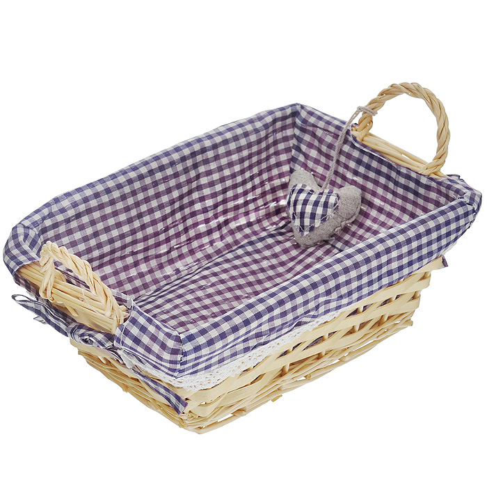 Корзинка для хлеба Premier Housewares, прямоугольная, цвет: фиолетовый, 25 х 18 х 13 смВетерок 2ГФ Корзинка для хлеба Premier Housewares, прямоугольная, цвет: фиолетовый, 25 х 18 х 13 смВетерок 2ГФПрямоугольная корзинка для хлеба Premier Housewares сплетена из лозы. На внутреннюю поверхность корзинки надет хлопковый чехол с рисунком в фиолетовую клетку, благодаря ему крошки не просыпаются на стол. Корзинка оснащена двумя удобными ручками и украшена декоративным элементом в виде сердечка.В холодный зимний день приятная цветовая гамма корзинки в сочетании с оригинальным дизайном навевают воспоминания о лете, тем самым способствуя улучшению настроения и полноценному отдыху. Характеристики:Материал: лоза, хлопок. Цвет: фиолетовый. Размер корзинки (с учетом ручек) (Д х Ш х В): 25 см х 18 см х 13 см. Размер корзинки (без учета ручек) (Д х Ш х В): 25 см х 18 см х 9 см. Артикул: 1901049.