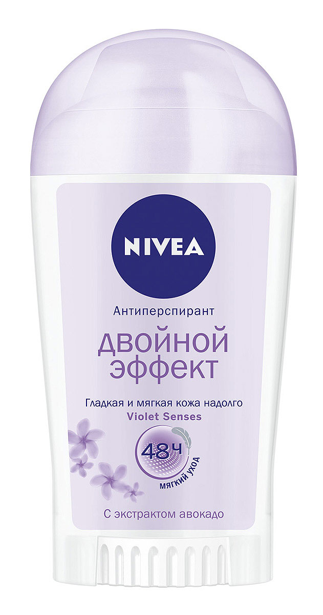 NIVEA Антиперспирант стик Двойной Эффект 40 млFS-00897 NIVEA Антиперспирант стик Двойной Эффект 40 млFS-00897Дезодорант Nivea Двойной Эффект Violet Senses с экстрактом авокадо обеспечит надежную защиту от пота на 48 часов. Способствует чистому бритью. Гладкая и мягкая кожа надолго.Не содержит красителей и консервантов. Характеристики:Объем: 40 мл. Производитель: Германия. Артикул: 83765. Товар сертифицирован.