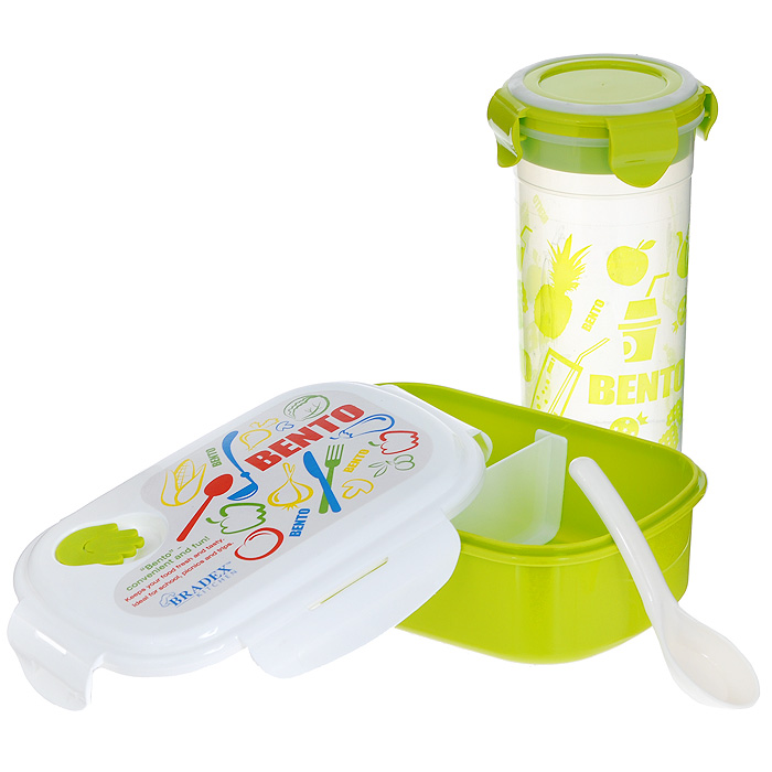 Набор детский Bradex Bento Kids, 2 предмета. TK 005121 395 599 Набор детский Bradex Bento Kids, 2 предмета. TK 005121 395 599Детский набор Bradex Bento Kids состоит из ланч-бокса и стакана, что делает его идеальным комплектом для школьников. Двухсекционный ланч-бокс предназначен для завтраков, обедов, полдников, печенья, фруктов, орехов и прочих закусок, а высокий стакан с крышкой - для сока, чая и других напитков. Ланч-бокс и стакан имеют герметичную конструкцию, благодаря чему из них ничего не прольется. Оба предмета из набора пригодны для мытья в посудомоечной машине, а ланч-бокс можно разогревать в микроволновой печи. В комплекте имеется ложечка. Bento Kids понравится ребенку своей красочной расцветкой, а родители по достоинству оценят его практичность, многофункциональность и легкий уход. Характеристики: Материал: АБС-пластик. Цвет: белый, зеленый. Объем ланч-бокса: 500 мл.Размер ланч-бокса (без учета крышки): 18,5 см х 12,5 см х 5,5 см. Объем стакана: 600 мл. Диаметр стакана: 8 см. Высота стакана: 18 см. Длина ложки: 12 см. Размер упаковки: 20,5 см х 19,5 см х 9 см. Артикул: TK 0051.