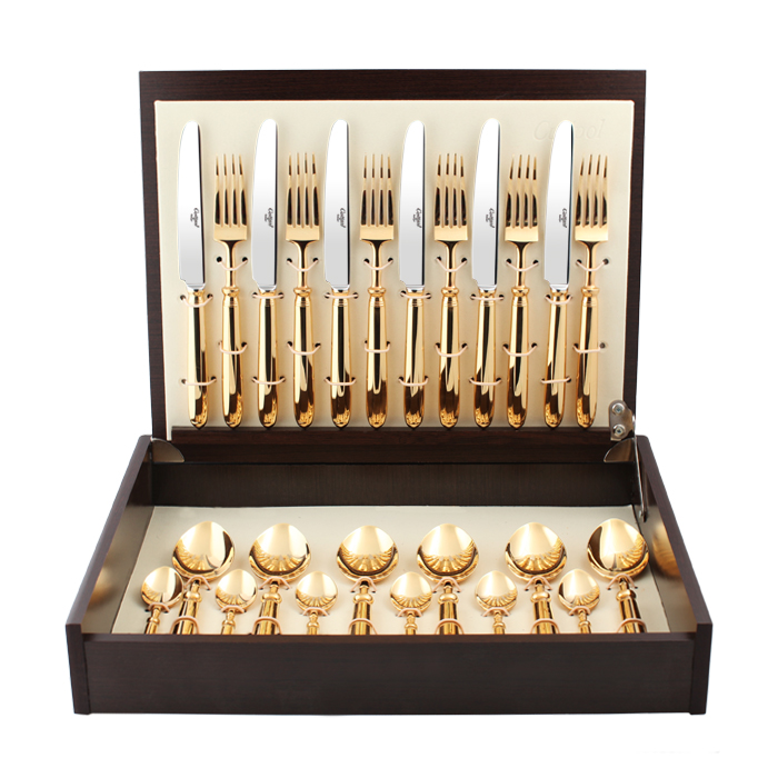 Набор столовых приборов Cutipol Mithos Gold, 24 предметаBK-3300 Набор столовых приборов Cutipol Mithos Gold, 24 предметаBK-33009151 MITHOS GOLD Набор 24 пр. Характеристики: Материал: сталь.Размер: 405*295*65мм.Артикул: 9151.