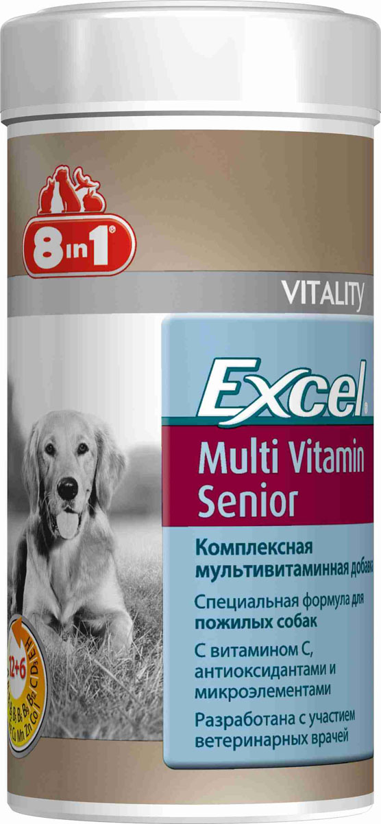 Добавка 8 in 1 Excel. Multi Vitamin, для пожилых собак, 70 таблеток108696 Добавка 8 in 1 Excel. Multi Vitamin, для пожилых собак, 70 таблеток108696Мультивитаминная добавка для пожилых собак 8 in 1 Excel. Multi Vitamin с витаминами и микроэлементами помогает предотвратить проблемы, связанные с дефицитом питательных веществ в рационе. Содержит натуральные антиоксиданты и витамин С, поддерживающие иммунную систему, и отвечает специфических потребностям пожилых собак. Комплекс восполняет недостаток витаминов и минералов в питании животного. Он рекомендован собакам в зимние и весенние месяцы для профилактики авитаминоза. При несбалансированном питании (со стола или дешевыми кормами) необходимо давать препарат ежедневно для восстановления обмена веществ.Применение:Добавку давать собакам (старше 6 лет), весом менее 4 кг - по 0,5 таблетки в день, от4 до 20 кг - по 1 таблетке в день, более 20 кг - по 2 таблетки в день (перед кормлением). Рекомендуемый курс применения 14-30 дней. Изменения дозировки или повторный курс по показаниям.Характеристики:Состав: пивные дрожжи (Saccharomyces cerevisiae), дикальцифосфат дигидрат, мука из зародышей пшеницы, рыбная мука, лактоза, глицерин, сафлоровое масло, стеариновая кислота, диоксид кремния, натрия хлорид, сухое обезжиренное молоко, сухая молочная сыворотка. Не содержит искусственных консервантов и красителей.Пищевая ценность: сырой белок - 23%, сырой жир - 5,5%, сырая клетчатка - 0,5%, зола - 23%, влага - 8%.Витамины: витамин А 700000 МЕ/кг, витамин D3 80000 МЕ/кг, витамин Е 1700 мг/кг, витамин В1 640 мг/кг, витамин В2 770 мг/кг, витамин В6 77 мг/кг, витамин В12 180 мг/кг, витамин С 2600 мг/кг, никотинамид 9000 мг/кг, биотин 9000 мг/кг, пантотеновая кислота 420 мг/кг, фолиевая кислота 27 мг/кг.Микроэлементы: железо 2130 мг/кг, медь 50 мг/кг, марганец 67 мг/кг, цинк 2240 мг/кг, кобальт 13 мг/кг, йод 199 мг/кг.Количество таблеток: 70 шт.Товар сертифицирован.