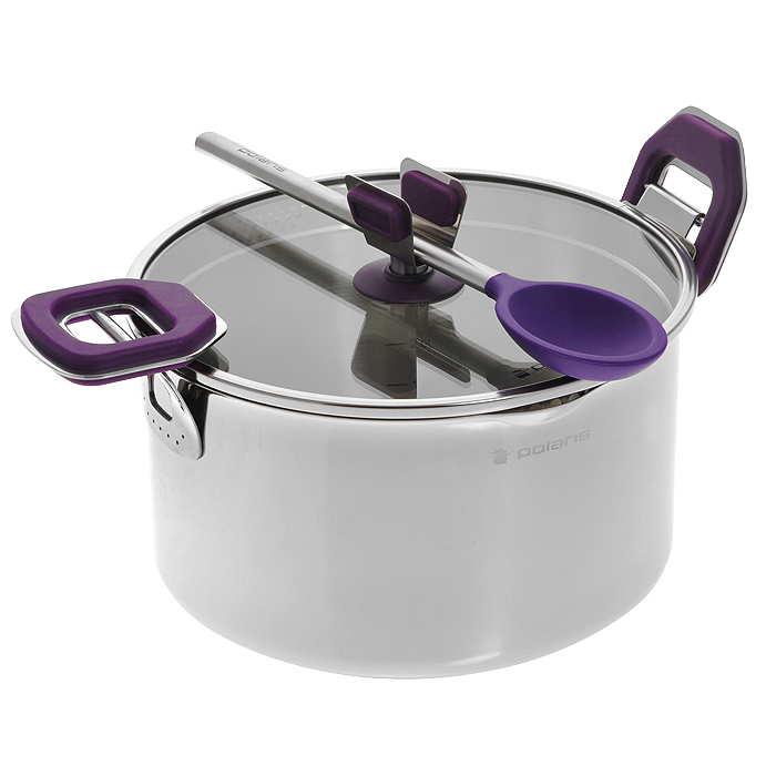 Кастрюля Polaris Violette с крышкой. Диаметр 24 см 5 л + ПОДАРОК: Ложка94672 Кастрюля Polaris Violette с крышкой. Диаметр 24 см 5 л + ПОДАРОК: Ложка94672Кастрюля Polaris Violette изготовлена из высококачественной нержавеющей стали 18/10 с зеркальной полировкой. Внутренняя поверхность матовая. Специальное утолщенное дно с прослойкой из алюминия обеспечивает быстрый и равномерный нагрев посуды. Внутренние стенки имеют отметки литража. Кастрюля оснащена носиками с двух сторон. Крышка изготовлена из термостойкого стекла, оснащена широким металлическим ободом с отверстиями разного диаметра, а также ручкой с держателем для ложки. Многофункциональные подвижные ручки с эффектом Soft-Touch, выполненные из бакелита с прорезиненной поверхностью фиолетового цвета, облегчают процесс слива жидкости. Они плотно фиксируют крышку; благодаря носикам и отверстиям в ободе крышки лишнюю жидкость можно вылить, не снимая крышки. Ручки не нагреваются, поэтому нет необходимости использовать прихватки. Подходит для всех типов плит: газовых, электрических, галогенных, стеклокерамических, индукционных. Подходит для использования в духовом шкафу. Можно мыть в посудомоечной машине. В подарок: ложка с прорезиненной рабочей поверхностью фиолетового цвета. Характеристики: Материал: нержавеющая сталь, бакелит, стекло. Диаметр: 24 см. Высота стенки: 14 см. Толщина стенки: 0,7 мм. Толщина дна: 5 мм. Диаметр дна: 20 см. Длина ложки: 32 см. Размер упаковки: 27 см х 26 см х 20,5 см. Артикул: 005299.