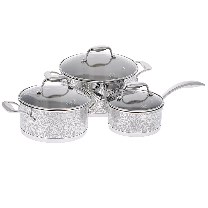 Набор посуды Rondell Vintage, 6 предметов. RDS-379TK 0044 Набор посуды Rondell Vintage, 6 предметов. RDS-379TK 0044Набор посуды Rondell Vintage состоит из 2 кастрюль с крышками и ковша с крышкой.Посуда изготовлена из высококачественной нержавеющей стали 18/10, что гарантирует безупречный внешний вид посуды, практичность и долговечность. Уникальный 2-х этапный метод технологии тройного дна с вштампованным, а затем вплавленным алюминиевым диском позволяет равномерно распределять и значительно дольше сохранять тепло в стенках и дне посуды, что предотвращает пригорание пищи и обеспечивает более быстрое приготовление блюд. Посуда продолжает готовить даже после выключения плиты! Внешние стенки посуды оформлены деколью с эффектом крокелюра. Посуда оснащена ненагревающимися клепаными ручками из нержавеющей стали. Крышки, выполненные из термостойкого стекла, позволяют контролировать процесс приготовления без потери тепла. Аккумуляция тепла при закрытой крышке создает замкнутый цикл парообразования, позволяя готовить в такой посуде без использования масла и воды или же с их минимальным количеством, что позволяет сохранить натуральный вкус продуктов. С отметками литража на внутренних стенках посуды вы легко сможете соблюдать пропорции рецептуры без применения дополнительных предметов.Изысканный дизайн и функциональность набора Rondell Vintage создаст на вашей кухне неповторимый стиль и позволит вам наслаждаться процессом приготовления любимых, полезных для здоровья блюд. Подходит для использования на всех видах плит, включая индукционные. Не рекомендуется мыть в посудомоечной машине. Характеристики:Материал: нержавеющая сталь 18/10, стекло. Объем кастрюль: 3 л, 5 л. Внутренний диаметр кастрюль: 20 см, 24 см. Высота стенок кастрюль: 10 см, 12 см. Ширина кастрюль с учетом ручек: 31 см, 35,5 см. Диаметр основания кастрюль: 19,5 см, 23,5 см. Объем ковша: 1,5 л. Внутренний диаметр ковша: 16 см. Высота стенок ковша: 8 см. Длина ручки ковша: 18,5 см. Диаметр основания ковша: 15,5 см. Толщина стенок посуды: 0,7 мм. Толщина дна посуды: 5 мм.УВАЖАЕМЫЕ КЛИЕНТЫ!Обращаем ваше внимание на тот факт, что объем посуды указан максимальный, сучетом полного наполнения до кромки. Шкала на внутренней стенке посуды имеетменьший литраж. Посуда Rondell совсем недавно появилась на российском рынке, но уже прекрасно себязарекомендовала. Эту посуду по достоинству оценили тысячи любителей кулинарии, арекомендации профессионалов - шеф-поваров многих ресторанов и ведущих популярныхкулинарных программ служат дополнительным весомым аргументом в ее пользу.Профессиональные технологии, изысканный дизайн и широкий ассортимент делаютпосуду Rondell исключительно привлекательной для всех, кто любит и умеет готовить.