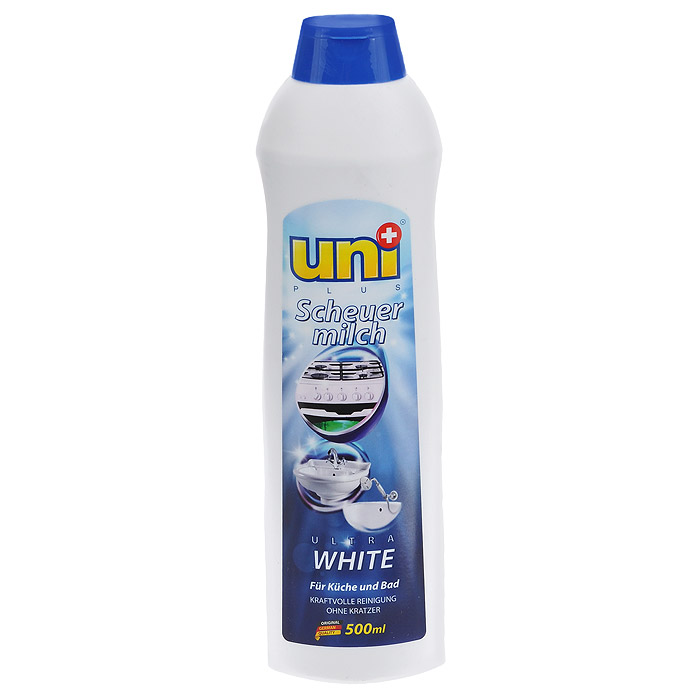 Чистящее молочко UniPlus Ultra White, с отбеливающим эффектом, 500 мл391602 Чистящее молочко UniPlus Ultra White, с отбеливающим эффектом, 500 мл391602Высокоэффективное концентрированное минеральное чистящее молочко UniPlus Ultra White содержит особые микрогранулы, удаляющие жир вещества, иотбеливающий компонент, поэтому обладает тройной силой,позволяющей справиться с самыми сложными итрудновыводимыми загрязнениями даже на современныхповерхностях во всем доме. Крем с легкостью удалит въевшиеся пятна и застарелую грязь и моментально вернет белым поверхностям былуючистоту. Его мощная формула эффективно удалит: - стойкие загрязнения на кухне и в ванной; - ржавчину и известковые отложения; - мыльный налет; - пятна плесени в ванной комнате; - пятна от чая, кофе и вина. Чистящее молочко UniPlus Ultra White подарит ослепительную белизну поверхностям в вашем доме! Характеристики: Состав: анионные поверхностно-активные вещества менее 5%, абразивные добавки, отдушка, 2-бром-2-нитропропан-1,3-диол, вода, красители, содержит: карбонат кальция. Объем: 500 мл. Товар сертифицирован.
