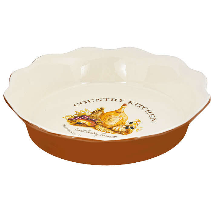 Блюдо для выпечки Terracotta Сардиния, диаметр 26 см94672 Блюдо для выпечки Terracotta Сардиния, диаметр 26 см94672Блюдо для выпечки Terracotta Сардиния изготовлено из высококачественной керамики бежевого цвета. Внешние стенки - терракотового цвета. Дно изделия оформлено красочным изображением винограда, оливок, маслин, сыра и оливкового масла. Блюдо имеет стенки высотой 5 см, благодаря чему его можно использовать для выпечки и запекания. Стенки изделия волнистые. Можно использовать в СВЧ, духовом шкафу и мыть в посудомоечной машине. Характеристики: Материал: керамика. Цвет: бежевый, терракотовый. Диаметр блюда: 26 см. Высота стенки: 5 см.