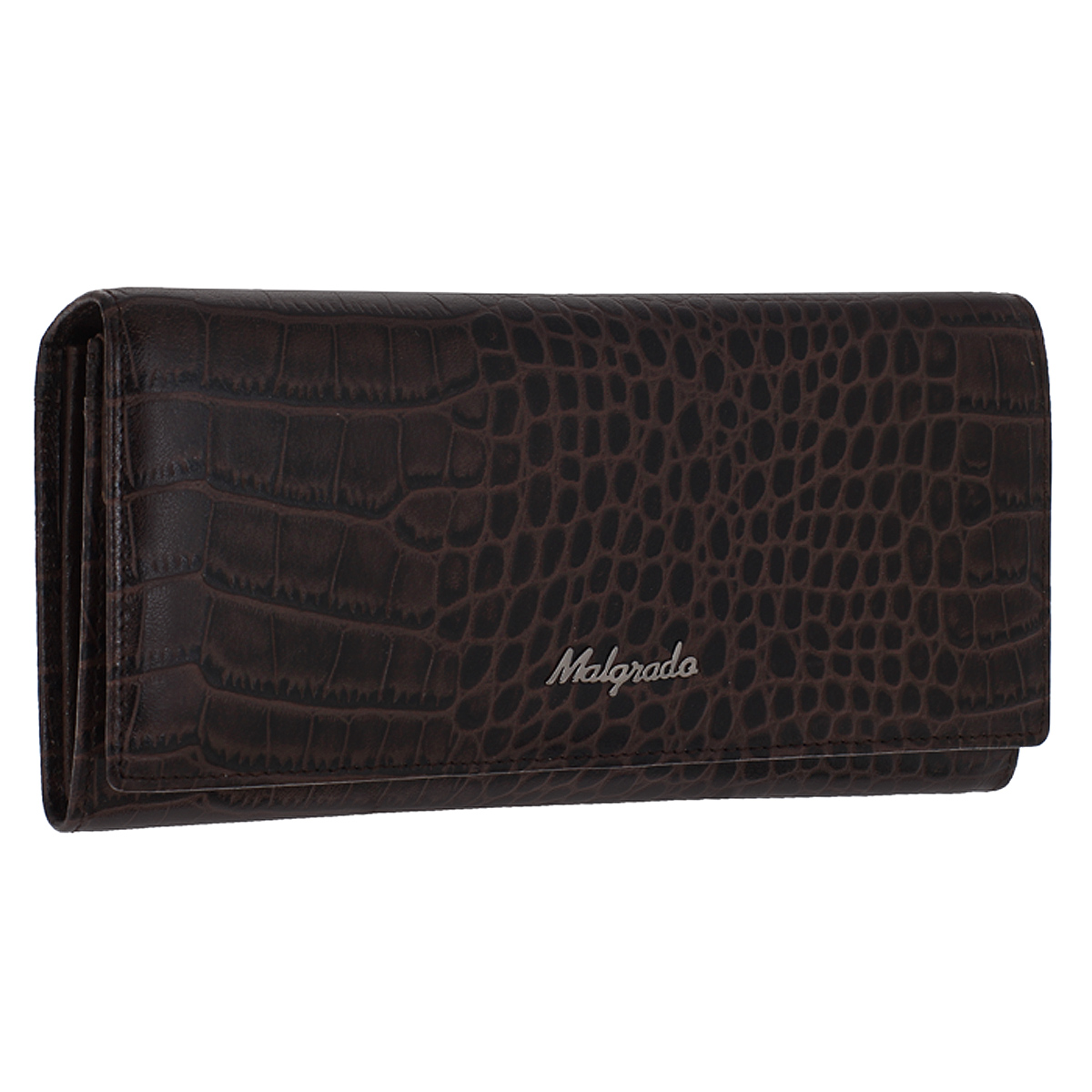 Кошелек женский Malgrado, цвет: кофе. 72076-17202#BM8434-58AE Кошелек женский Malgrado, цвет: кофе. 72076-17202#BM8434-58AEЖенский кошелек Malgrado изготовлен из натуральной кожи кофейного цвета с декоративным тиснением под рептилию. Купюры вмещаются в полную длину. Закрывается кошелек при помощи клапана на кнопку. Внутри расположено три отделения для купюр, пять потайных отделений для бумаг, восемь кармашков для пластиковых карт и визиток, два отдела на молнии для мелочи, а также прозрачное окошко для фотографии. С задней стороны также имеется вшитое отделение на молнии для мелочи или бумаг.Такой кошелек стильно дополнит ваш образ и станет незаменимым аксессуаром. Кошелек упакован в подарочную металлическую коробку синего цвета. Характеристики:Материал: натуральная кожа, текстиль, металл. Цвет: кофе. Размер (ДхШхВ): 18,5 см х 9 см х 3,5 см.