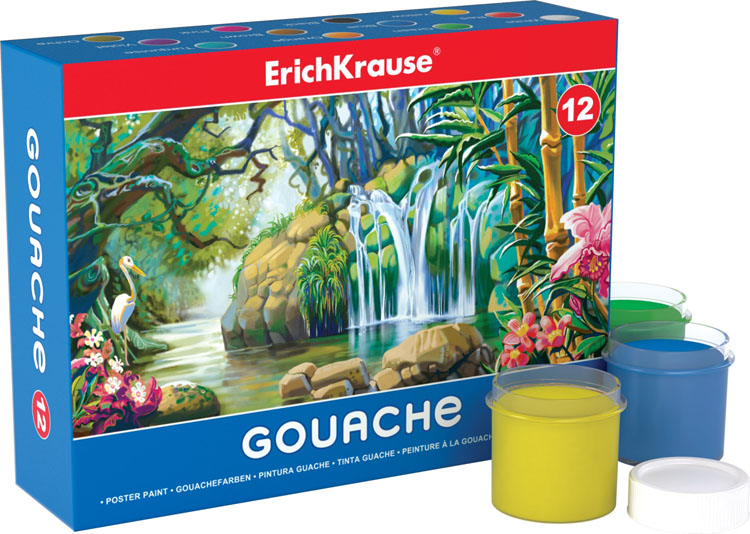 Гуашь Erich Krause, 12 цветов. 35161FS-00103 Гуашь Erich Krause, 12 цветов. 35161FS-00103Гуашь Erich Krause предназначена для декоративно-оформительских работ и творчества детей. В набор входят 12 баночек с краской следующих цветов: белого, красного, оранжевого, зеленого, синего, коричневого, желтого, черного, розового, бирюзового, фиолетового и охры. Каждая баночка с гуашью закрывается винтовой крышкой. Краски легко наносятся на бумагу и картон, они легко размываются водой и быстро сохнут.Рисование не просто подарит радость вашему малышу, но и поможет ему стать более усидчивым и наблюдательным, развивая способность видеть мир во всех его красках и оттенках.Размер баночки с краской:3,5 см x 3,5 см x 4 см.