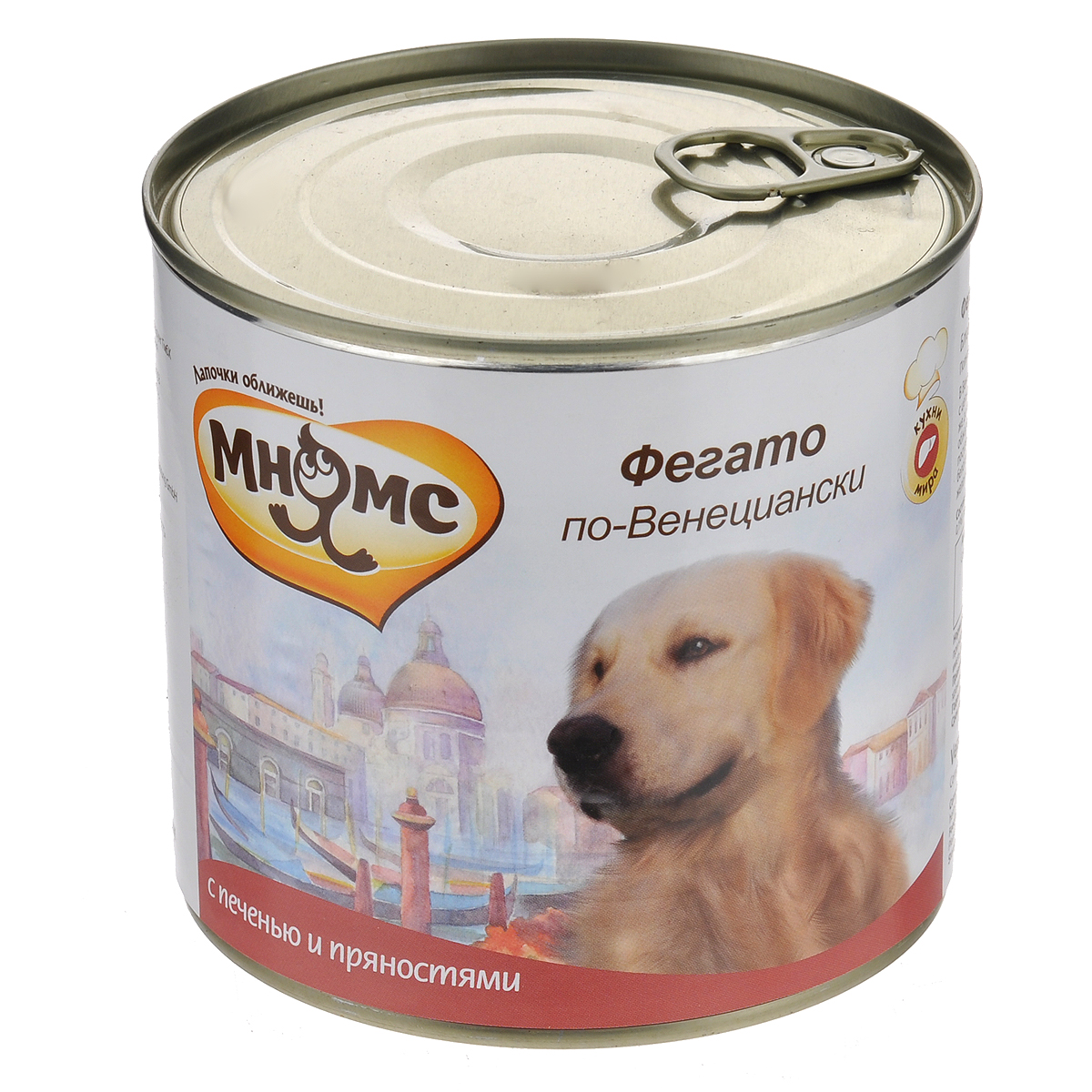 Консервы для собак Мнямс Фегато по-Венециански, с печенью и пряностями, 600 г0120710 Консервы для собак Мнямс Фегато по-Венециански, с печенью и пряностями, 600 г0120710Полнорационные корма Мнямс, производимые в Германии, содержат все необходимое для здоровой и счастливой жизни вашего питомца. Входящие в состав ингредиенты абсолютно натуральны, сбалансированы и при этом обладают высокой вкусовой привлекательностью. В Венецию современный способ приготовления печени пришёл из Древнего Рима. Только римляне, с целью сделать печень более мягкой и придать ей сладковатый вкус, использовали инжир.Венецианцам же инжир обходился слишком дорого, поэтому они придумали добавлять для этой цели белый лук.Фегато готовят очень просто: отдельно обжаренный в оливковом масле лук и слегка тронутую огнём телячью печень соединяют в одной посуде и тушат буквально несколько минут с добавлением шалфея, бальзамика, лаврового листа и белого вина.Нежная сладкая телячья печень, благоухающая ароматом трав, делает это простое блюдо желанным на любом столе. При кормлении необходимо учитывать возраст и активность животного. Собака всегда должна иметь доступ к свежей питьевой воде.Состав: мясо (70%), из них телятина (50%), говядина (13%), телячья печень (7%); минералы, масла и жиры (льняное масло 0,1%), прованские травы (0,2%).Пищевая ценность: витамин Е (30 мг), витамин D3 (200 МЕ), цинк (15 мг), марганец (3 мг), йод (0,75 мг), селен (0,03 мг).Анализ: белок 10,8%, жир 6,5%, клетчатка 0,4%, зола 2,4%, влажность 79%.Вес: 600 г. Товар сертифицирован.