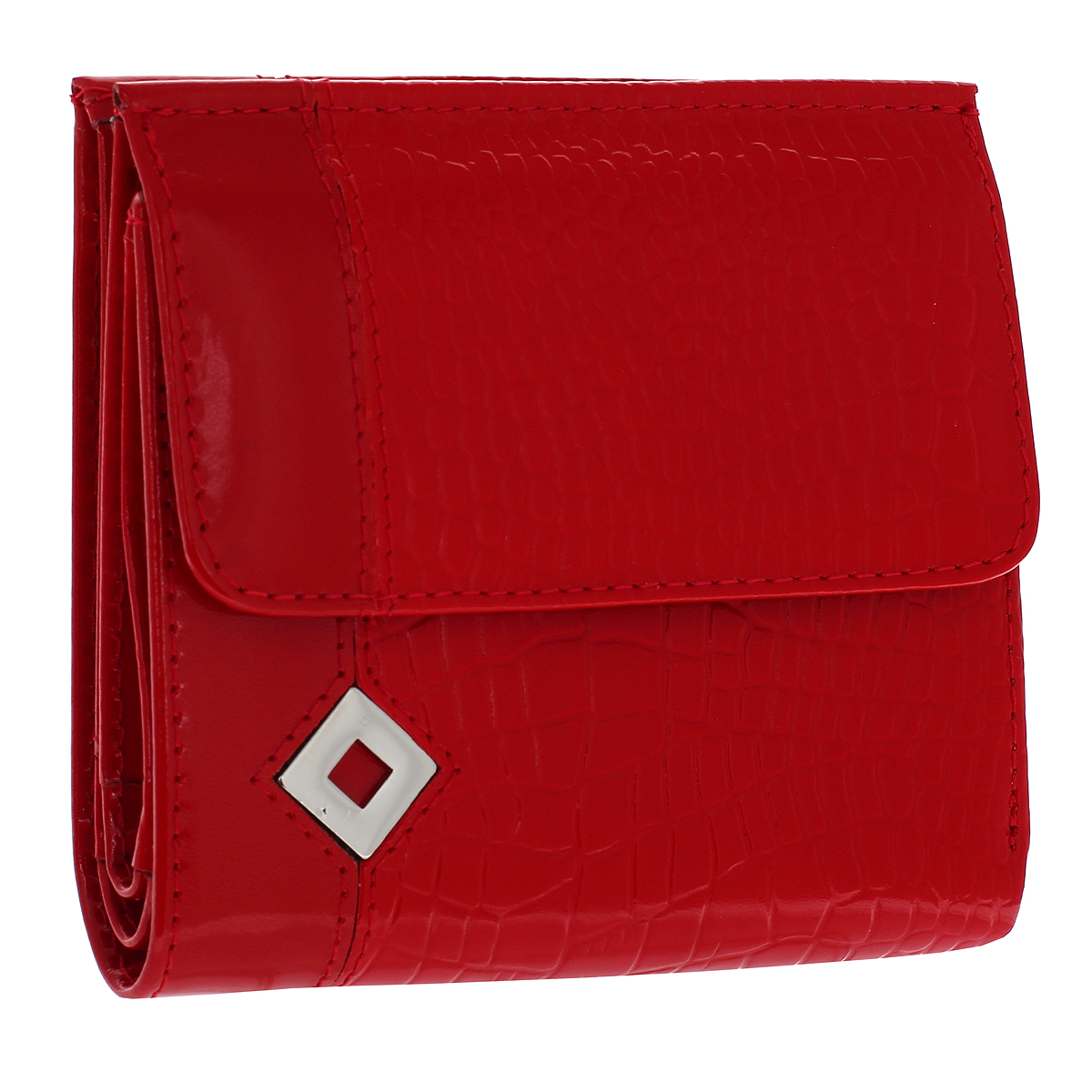 Кошелек женский Dimanche Papillon Rouge, цвет: красный. 424BM8434-58AE Кошелек женский Dimanche Papillon Rouge, цвет: красный. 424BM8434-58AEКошелек Dimanche Papillon Rouge изготовлен из натуральной лакированной кожи красного цвета с декоративным тиснением под рептилию. Лицевая сторона украшена металлическим значком в виде ромба. Кошелек закрывается на магнитную кнопку. На передней стенке расположен объемный карман для мелочи, закрывающийся клапаном на кнопку. Внутри кошелька содержится 2 отделения для купюр, дополнительный карман на молнии, 2 прорезных кармана для пластиковых карт, кармашек для сим-карты, 2 потайных вертикальных кармашка для мелких бумаг и окошко для фотографии. Внутри кошелек отделан атласным полиэстером красного цвета с рисунком. Фурнитура - серебристого цвета.Стильный кошелек отлично дополнит ваш образ и станет незаменимым аксессуаром на каждый день. Упакован в фирменную картонную коробку коричневого цвета.Характеристики: Материал: натуральная кожа, полиэстер, металл. Цвет: красный. Размер кошелька (ДхШхВ): 10 см х 10,5 см х 2,5 см.