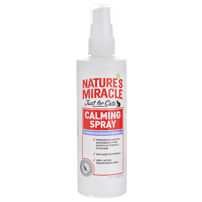 Спрей для кошек 8 in 1 Natures Miracle, успокаивающий, 236 мл0120710 Спрей для кошек 8 in 1 Natures Miracle, успокаивающий, 236 мл0120710Успокаивающий спрей для кошек 8 in 1 Natures Miracle уменьшает нервозность кошки и успокаивает ее в стрессовых ситуациях, например, в поездках, на выставках, при изменении условий жизни, расставании с хозяином и т. д. Концентрированная формула продолжительного действия содержит комплекс трав, аромат которых успокаивает кошек и снижает их гиперактивность. Спрей абсолютно безвреден, не оказывает седативного эффекта и дарит кошке чувство безопасности. Применение:Распылите средство везде, где кошка находится во время стресса, и на переноску во время транспортировки. Не предназначен для нанесения на само животное.Состав: вода, растительные экстракты, экстракты цветков, экстракты семян растений, эфирные масла, пропиленгликоль, диазолидинил мочевины, метилпарабен, пропилпарабен.Товар сертифицирован.