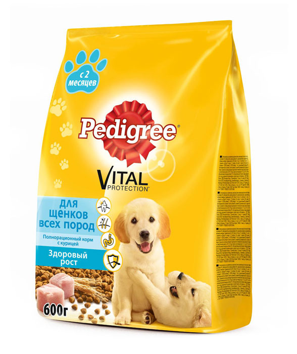 Корм сухой Pedigree для щенков всех пород, с курицей, 600 г0120710 Корм сухой Pedigree для щенков всех пород, с курицей, 600 г0120710Сухой корм Pedigree с курицей - это полнорационный корм для щенков в возрасте от 2 месяцев, созданный с учетом потребностей щенков в период наиболее интенсивного роста. Он состоит из качественных и натуральных ингредиентов: мяса, овощей, злаков. Поэтому Pedigree способствует здоровому росту и гармоничному развитию вашего щенка. Он также создан с учетом особенностей пищеварения самых маленьких, легко усваивается и обеспечивает правильную работу их желудочно-кишечного тракта. Баланс кальция и фосфора для поддержания здорового развития зубов. Линолевая кислота и цинк необходимы для здоровья кожи и шерсти. Высокоусвояемые ингредиенты и клетчатка для оптимального пищеварения. Витамин E и цинк поддерживают иммунную систему. Состав: куриная мука, пшеница, рис, свекольный жом, кукуруза, мясная мука, подсолнечное масло, жир животный, пивные дрожжи, минералы, витамины, глюкозамин. Пищевая ценность (на 100 г): белки – 30 г; жиры – 12 г; зола – 7 г; клетчатка – 4 г; влажность – не более 10 г; кальций – 1,3 г; фосфор – 0,9 г; натрий – 0,3 г; калий – 0,55 г; магний – 0,12 г; цинк – 25 мг; медь – 2,0 мг; витамин А – 1500 МЕ; витамин Е – 20 мг; витамин D3 – 150 МЕ; витамин В1 – 1,0 мг; витамин В2 – 1,35 мг; витамин В5 – 7,5 мг; витамин В12 – 8 мкг; ниацин – 5,3 мг; холин – 350 мг; омега–6, омега–3, полиненасыщенные жирные кислоты; глюкозамин. Энергетическая ценность (на 100 г): 365 ккал/1528 кДж. Товар сертифицирован.
