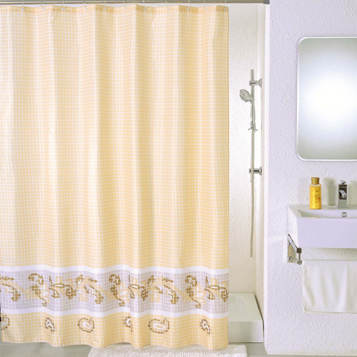 Штора для ванной комнаты Milardo Beige Fresco, 180 см х 200 см. SCMI013PRG-D31S Штора для ванной комнаты Milardo Beige Fresco, 180 см х 200 см. SCMI013PRG-D31SШтора для ванной комнаты Milardo, изготовлена из полиэстера с водоотталкивающей пропиткой, декорирована изображением фрески с витиеватым узором. Штора быстро сохнет, легко моется (разрешена деликатная стирка в стиральной машине при температуре 30°С без отжима) и обладает повышенной износостойкостью, благодаря двойной обработке краев и устойчивым красителям. Вверху предусмотрены металлические люверсы. В комплекте также имеется 12 пластиковых колец. Штора для ванной Milardo порадует вас своим ярким дизайном и добавит уюта в ванную комнату.
