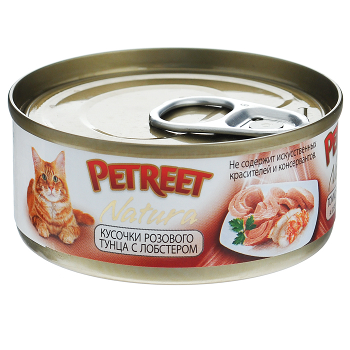 Консервы для кошек Petreet Natura, с кусочками розового тунца и лобстером, 70 г0120710 Консервы для кошек Petreet Natura, с кусочками розового тунца и лобстером, 70 г0120710Полноценный сбалансированный корм для взрослых кошек всех пород. Консервы Petreet в виде нежного паштета изготовлены исключительно из натуральных продуктов и не оставят равнодушным ни одного питомца. В их состав входит до 64% основного компонента - мяса тунца, а это значит, что продукт богат протеином - источником бодрости вашей кошки. Для поддержания здоровья внутренних органов и зрения в состав консервов входит аргинин, таурин и незаменимые жирные кислоты Омега 3 и Омега 6. Идеально подходит для кастрированных и стерилизованных кошек. Некоторые виды содержат рис, восполняющий недостаток витамина В. В состав консервов входят различные деликатесные добавки в виде морепродуктов, овощей и фруктов, так что можно легко выбрать подходящий вариант даже для самой привередливой кошкиОснову консервов Petreet Natura с кусочками розового тунца и лобстером, нежное розовое мясо стейковой части тунца с добавлением лобстера. При умеренной калорийности в корме содержится высокий уровень белка (15%). Состав: тунец (60%), лобстер (4%), рисовая мука (1%), витамин А, D3,Е. Анализ: влажность - 84,0%, белок - 15,0%, клетчатка - 0,3%, жир - 1,6%, зола - 0,5%, витамин А - 666 МЕ/кг, витамин D3 - 50 МЕ/кг, витамин Е - 20 МЕ/кг. Вес 70 г. Товар сертифицирован.