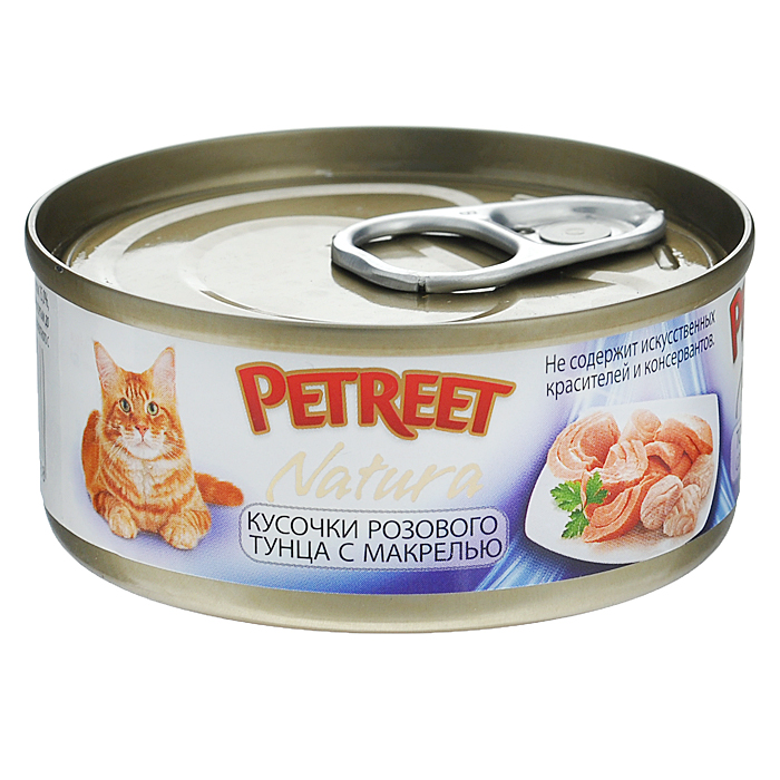 Консервы для кошек Petreet Natura, с кусочками розового тунца и макрелью, 70 г0120710 Консервы для кошек Petreet Natura, с кусочками розового тунца и макрелью, 70 г0120710Полноценный сбалансированный корм для взрослых кошек всех пород. Консервы Petreet в виде нежного паштета изготовлены исключительно из натуральных продуктов и не оставят равнодушным ни одного питомца. В их состав входит до 64% основного компонента - мяса тунца, а это значит, что продукт богат протеином - источником бодрости вашей кошки. Для поддержания здоровья внутренних органов и зрения в состав консервов входит аргинин, таурин и незаменимые жирные кислоты Омега 3 и Омега 6. При умеренной калорийности в корме содержится высокий уровень белка (15%). Уникальный высокоусвояемый полноценный гипоалергенный рацион с низким показателем зольности (0,5%). Идеально подходит для кастрированных и стерилизованных кошек.Состав: тунец (60%), макрель (4%), рисовая мука (1%), витамины А, D3, Е. Анализ: влажность - 84,0%, белок - 15,0%, клетчатка - 0,3%, жир - 1,6%, зола - 0,5%, витамин А - 666 МЕ/кг, витамин D3 - 50 МЕ/кг, витамин Е - 20 МЕ/кг. Вес 70 г. Товар сертифицирован.