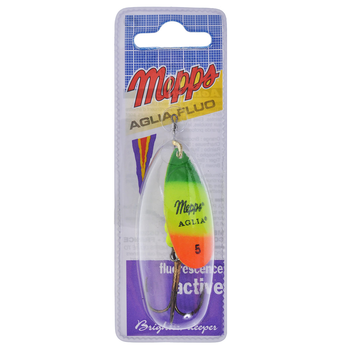 Блесна Mepps Aglia Fluo Or/Tiger, вращающаяся, №54271825 Блесна Mepps Aglia Fluo Or/Tiger, вращающаяся, №54271825Вращающаяся блесна Mepps Aglia Fluo Or/Tiger выполнена в виде лепестка ярких цветов, дающего преимущество при ловле рыбы в темное время суток, на большой глубине и в мутной воде. Такая блесна отлично видна даже при освещении ультрафиолетовыми лучами, доходящими до самых больших глубин. Стимулированная ультрафиолетом, она продолжает еще долго светиться.