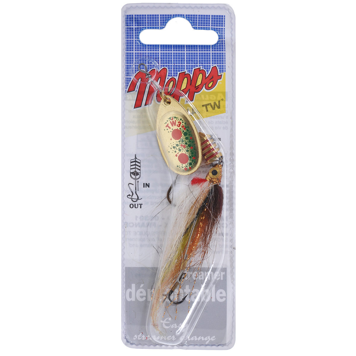 Блесна Mepps Aglia TW Streamer OR, вращающаяся, №3010-01199-23 Блесна Mepps Aglia TW Streamer OR, вращающаяся, №3010-01199-23Вращающаяся блесна Mepps Aglia TW Streamer OR - новый вид блесны, снабженной стримером ручной работы на снасти, состоящей из тройника и одинарного крючка. Лучше всего приманка работает при использовании легких удилищ и катушек в сочетании с тонкой леской рыбаком, обладающим навыком дальнего заброса легких приманок. Блесна хорошо себя показывает при проводке умеренной скорости (на быстром течении приманку достаточно удерживать на одном месте). Вибрация, рождающаяся при вращении лепестка, вызывает сложные движения стримера, безотказно привлекающие рыбу.Эффективность приманивающего эффекта усиливается колебанием тела блесны. Через гибкую ось стример связан с передним одинарным крючком и хвостовым тройником. Он сплетен из волокон более чем десяти различных цветов. Особенно выделяются глаза, жабры ярко-красного цвета, маленькие блестки по всему корпусу и боковая линия.